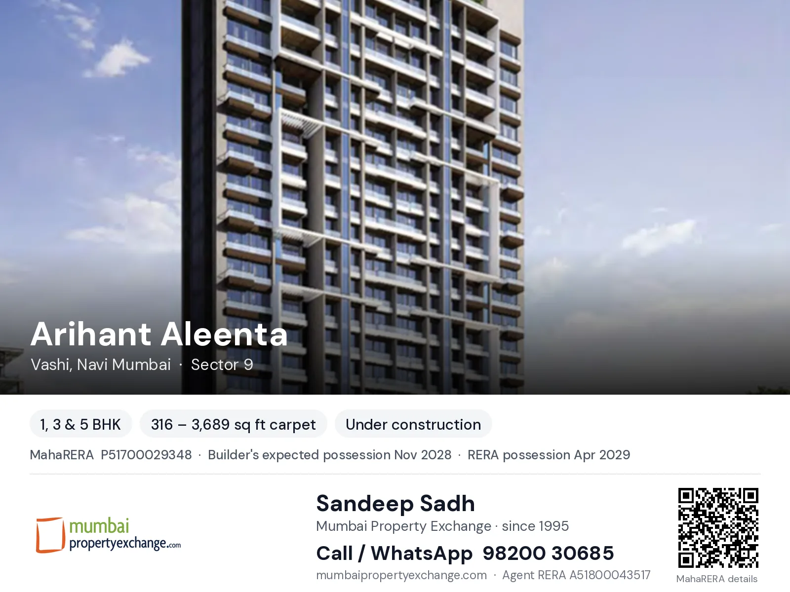 Arihant Aleenta, Vashi, Navi Mumbai — 1, 3 & 5 BHK new project, builder's expected possession Nov 2028, RERA possession Apr 2029 | Mumbai Property Exchange, Sandeep Sadh 98200 30685