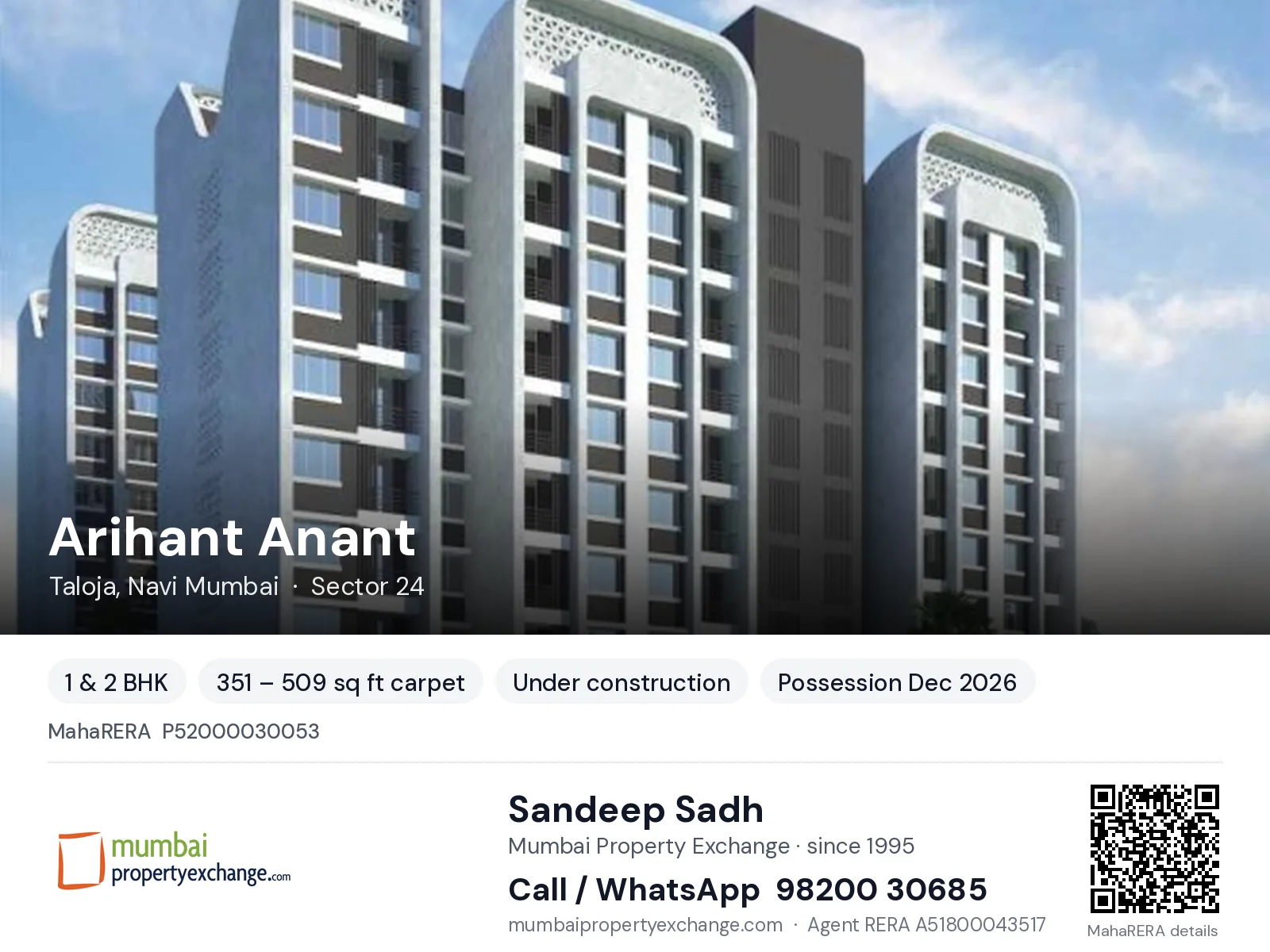 Arihant Anant, Taloja, Navi Mumbai — 1 & 2 BHK new project, possession Dec 2026 | Mumbai Property Exchange, Sandeep Sadh 98200 30685