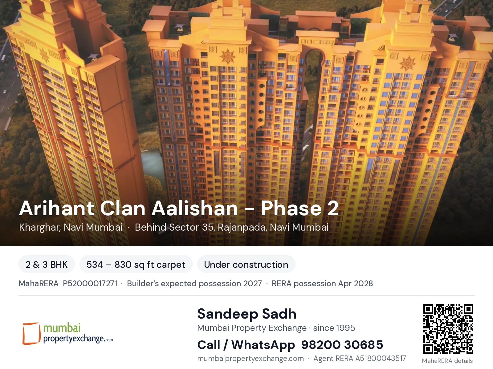 Arihant Clan Aalishan - Phase 2, Kharghar, Navi Mumbai — 2 & 3 BHK new project, builder's expected possession 2027, RERA possession Apr 2028 | Mumbai Property Exchange, Sandeep Sadh 98200 30685