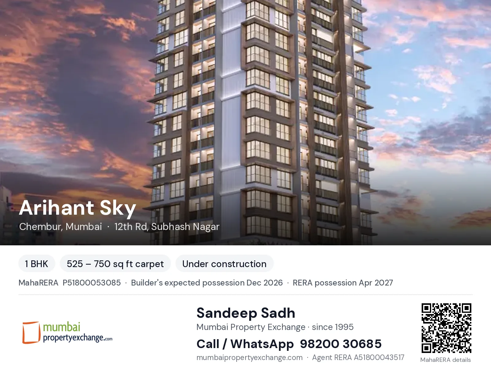 Arihant Sky, Chembur, Mumbai — 1 BHK new project, builder's expected possession Dec 2026, RERA possession Apr 2027 | Mumbai Property Exchange, Sandeep Sadh 98200 30685