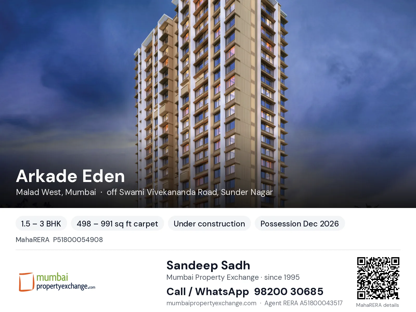 Arkade Eden, Malad West, Mumbai — 1.5 – 3 BHK new project, possession Dec 2026 | Mumbai Property Exchange, Sandeep Sadh 98200 30685