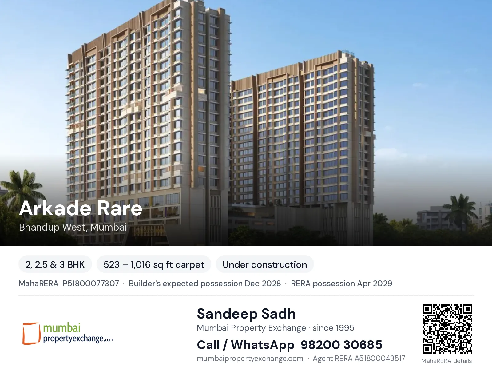 Arkade Rare, Bhandup West, Mumbai — 2, 2.5 & 3 BHK new project, builder's expected possession Dec 2028, RERA possession Apr 2029 | Mumbai Property Exchange, Sandeep Sadh 98200 30685