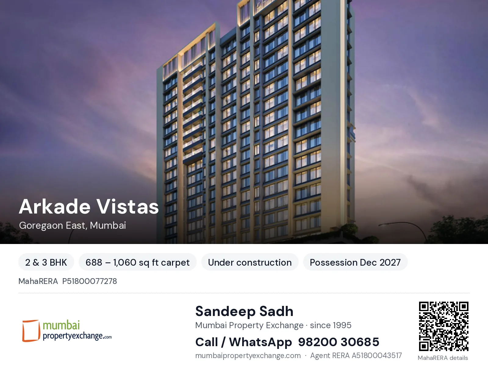 Arkade Vistas, Goregaon East, Mumbai — 2 & 3 BHK new project, possession Dec 2027 | Mumbai Property Exchange, Sandeep Sadh 98200 30685