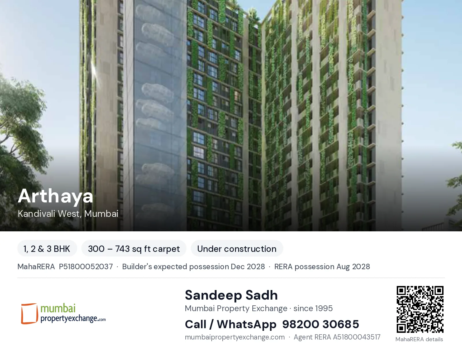 Arthaya, Kandivali West, Mumbai — 1, 2 & 3 BHK new project, builder's expected possession Dec 2028, RERA possession Aug 2028 | Mumbai Property Exchange, Sandeep Sadh 98200 30685