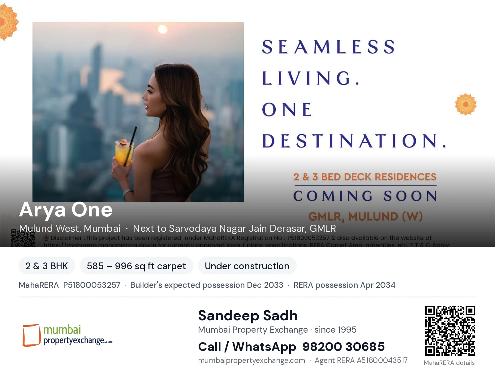 Arya One by Sai, Mulund West, Mumbai — 2 & 3 BHK new project, builder's expected possession Dec 2033, RERA possession Apr 2034 | Mumbai Property Exchange, Sandeep Sadh 98200 30685