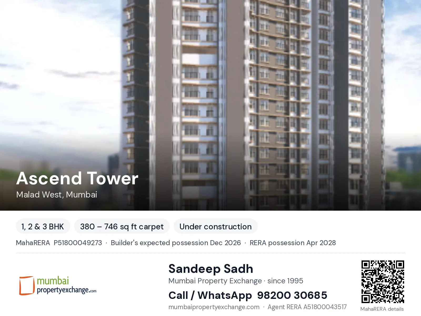 Ascend Tower by Mamtora, Malad West, Mumbai — 1, 2 & 3 BHK new project, builder's expected possession Dec 2026, RERA possession Apr 2028 | Mumbai Property Exchange, Sandeep Sadh 98200 30685