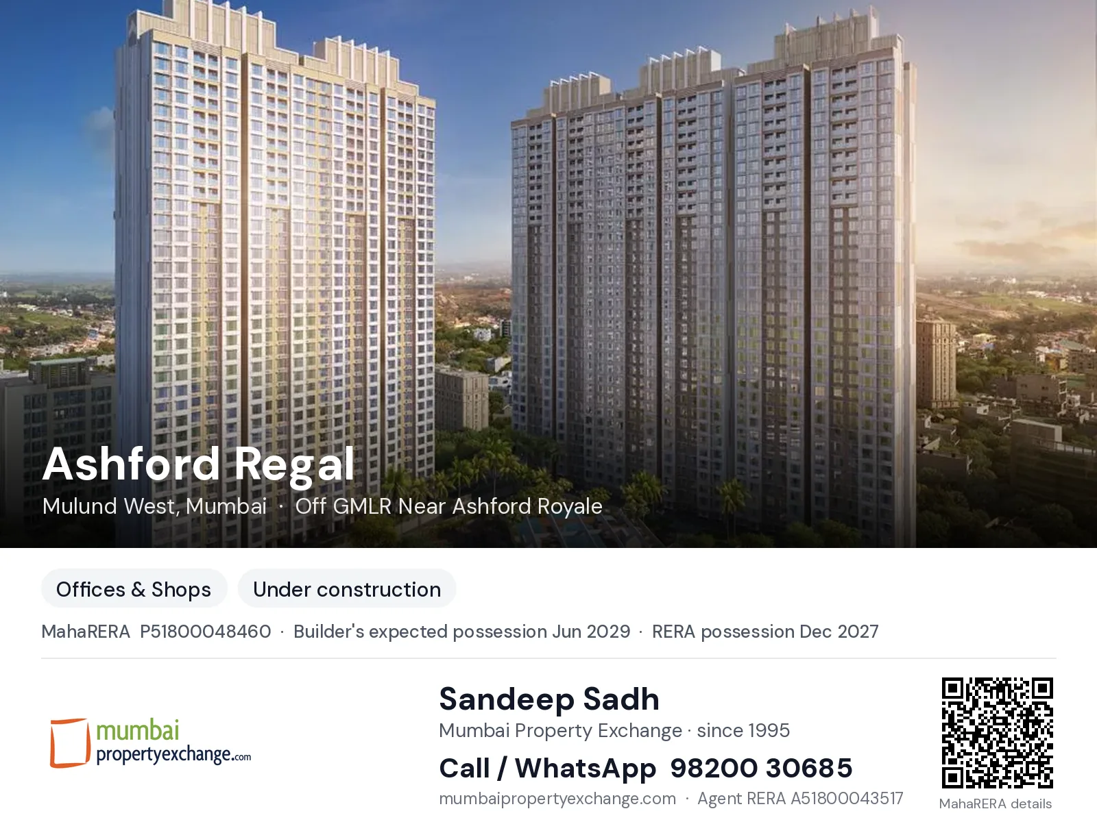 Ashford Regal, Mulund West, Mumbai — new project, builder's expected possession Jun 2029, RERA possession Dec 2027 | Mumbai Property Exchange, Sandeep Sadh 98200 30685