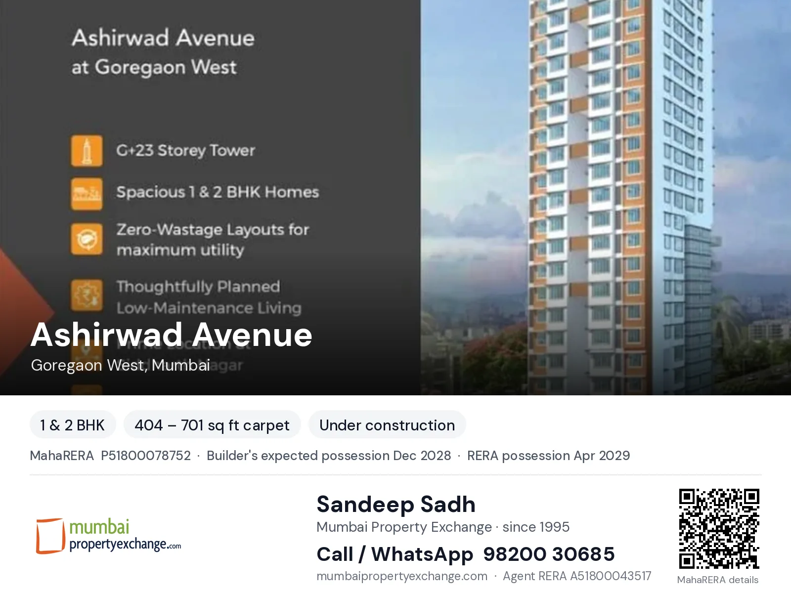 Ashirwad Avenue by Dhariwal India, Goregaon West, Mumbai — 1 & 2 BHK new project, builder's expected possession Dec 2028, RERA possession Apr 2029 | Mumbai Property Exchange, Sandeep Sadh 98200 30685