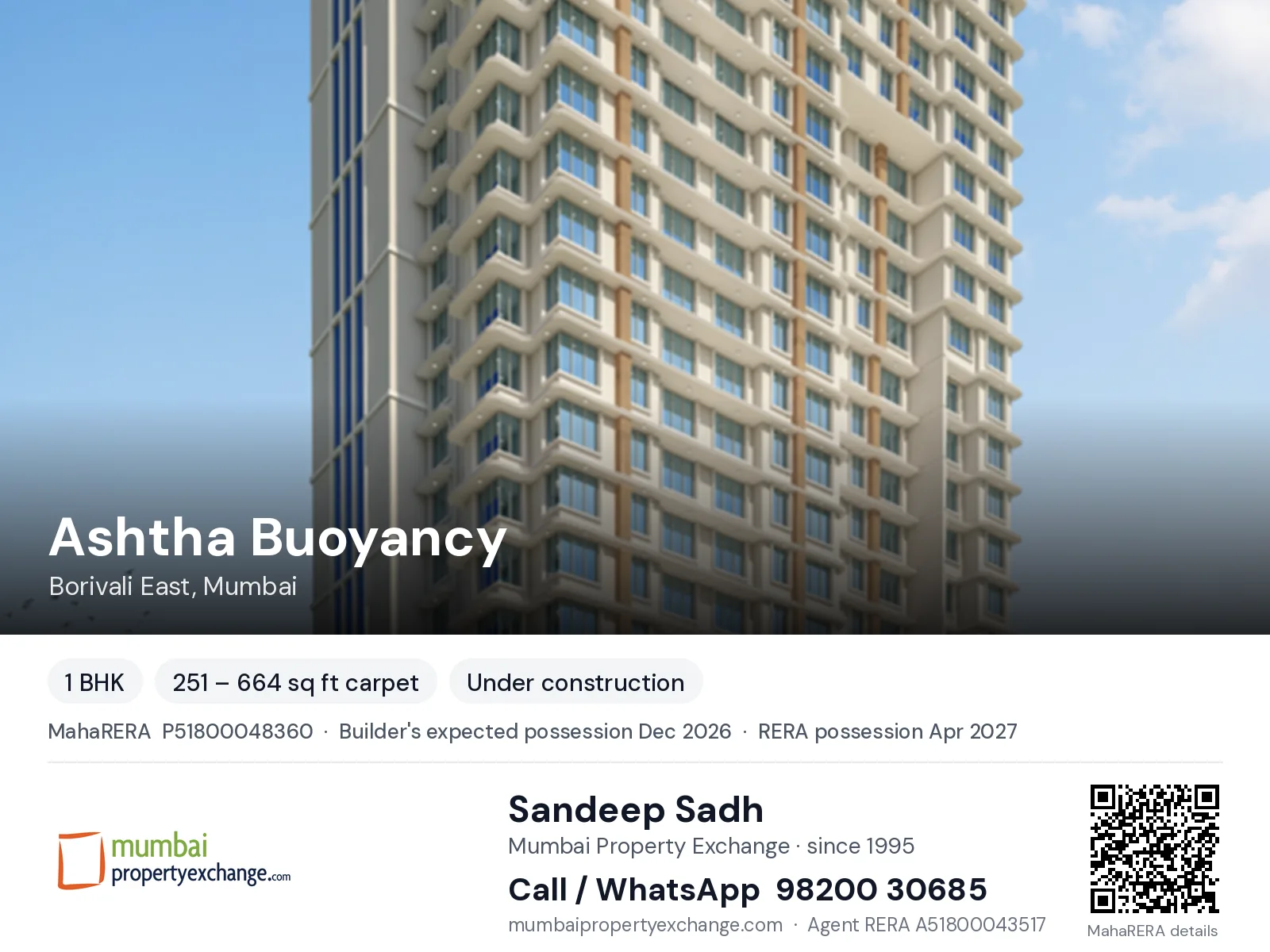 Ashtha Buoyancy by Indo Build, Borivali East, Mumbai — 1 BHK new project, builder's expected possession Dec 2026, RERA possession Apr 2027 | Mumbai Property Exchange, Sandeep Sadh 98200 30685
