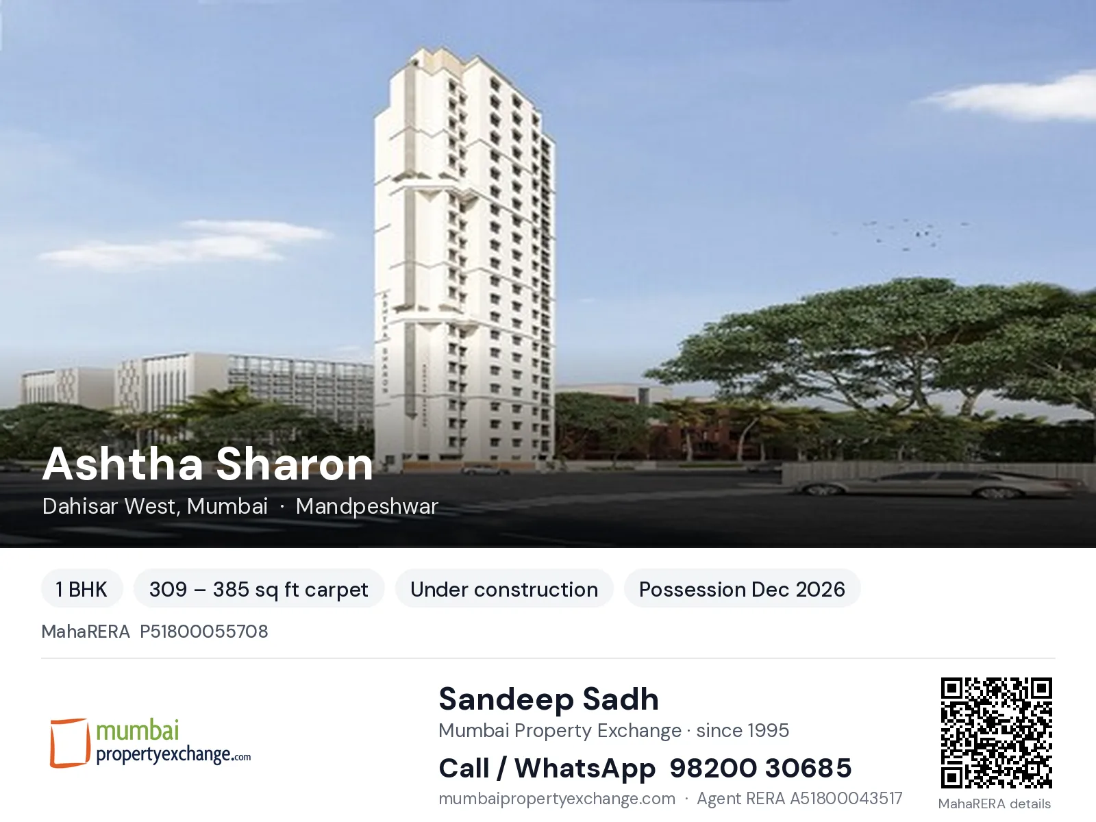 Ashtha Sharon by Indo Build, Dahisar West, Mumbai — 1 BHK new project, possession Dec 2026 | Mumbai Property Exchange, Sandeep Sadh 98200 30685