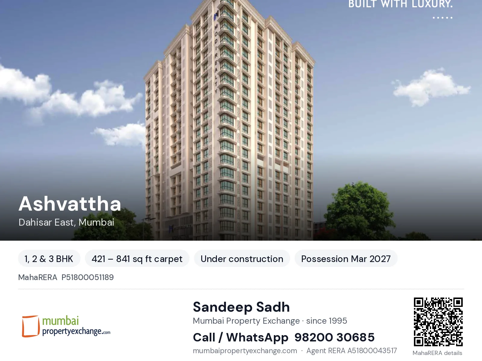 Ashvattha by Modi, Dahisar East, Mumbai — 1, 2 & 3 BHK new project, possession Mar 2027 | Mumbai Property Exchange, Sandeep Sadh 98200 30685