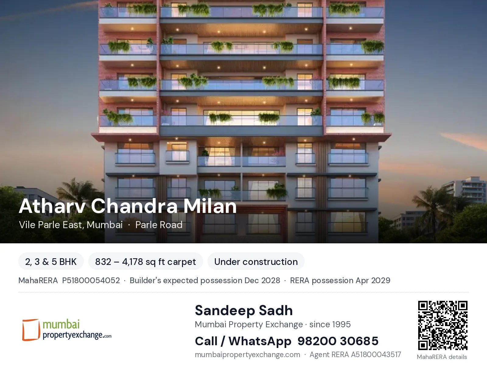 Atharv Chandra Milan, Vile Parle East, Mumbai — 2, 3 & 5 BHK new project, builder's expected possession Dec 2028, RERA possession Apr 2029 | Mumbai Property Exchange, Sandeep Sadh 98200 30685