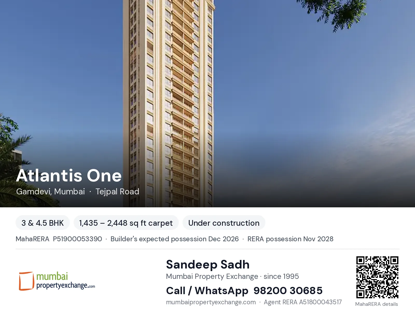 Atlantis One by JM, Gamdevi, Mumbai — 3 & 4.5 BHK new project, builder's expected possession Dec 2026, RERA possession Nov 2028 | Mumbai Property Exchange, Sandeep Sadh 98200 30685