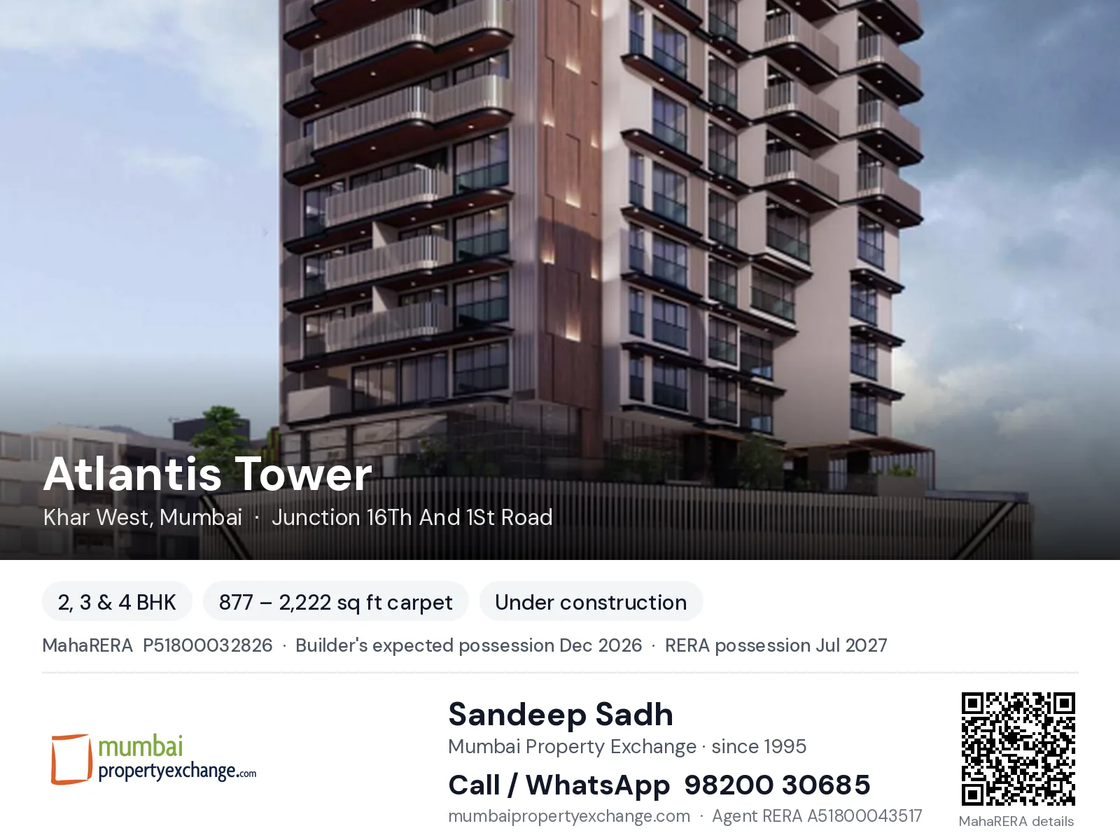 Atlantis Tower by M/S Next, Khar West, Mumbai — 2, 3 & 4 BHK new project, builder's expected possession Dec 2026, RERA possession Jul 2027 | Mumbai Property Exchange, Sandeep Sadh 98200 30685
