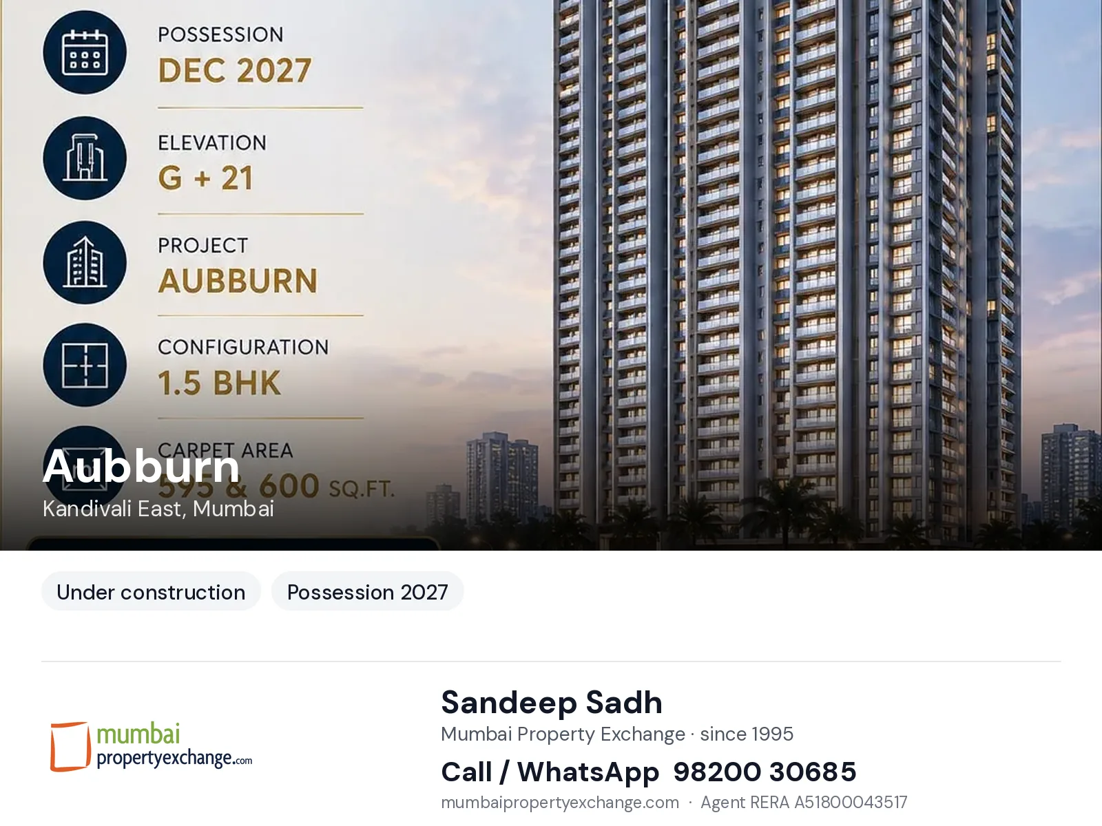 Aubburn by Shapoorji Pallonji, Kandivali East, Mumbai — new project, possession 2027 | Mumbai Property Exchange, Sandeep Sadh 98200 30685