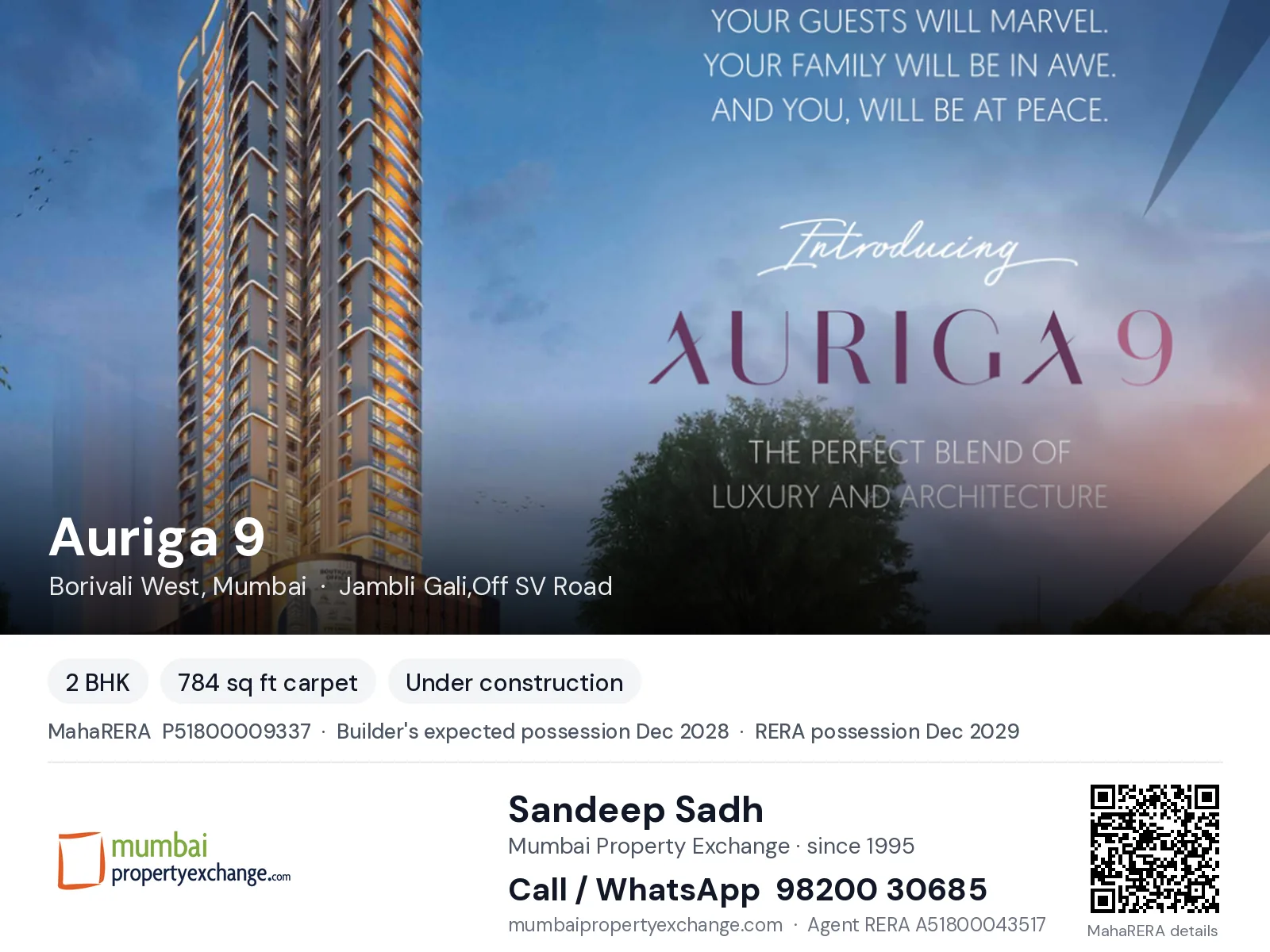 Auriga 9 by Bhatia, Borivali West, Mumbai — 2 BHK new project, builder's expected possession Dec 2028, RERA possession Dec 2029 | Mumbai Property Exchange, Sandeep Sadh 98200 30685