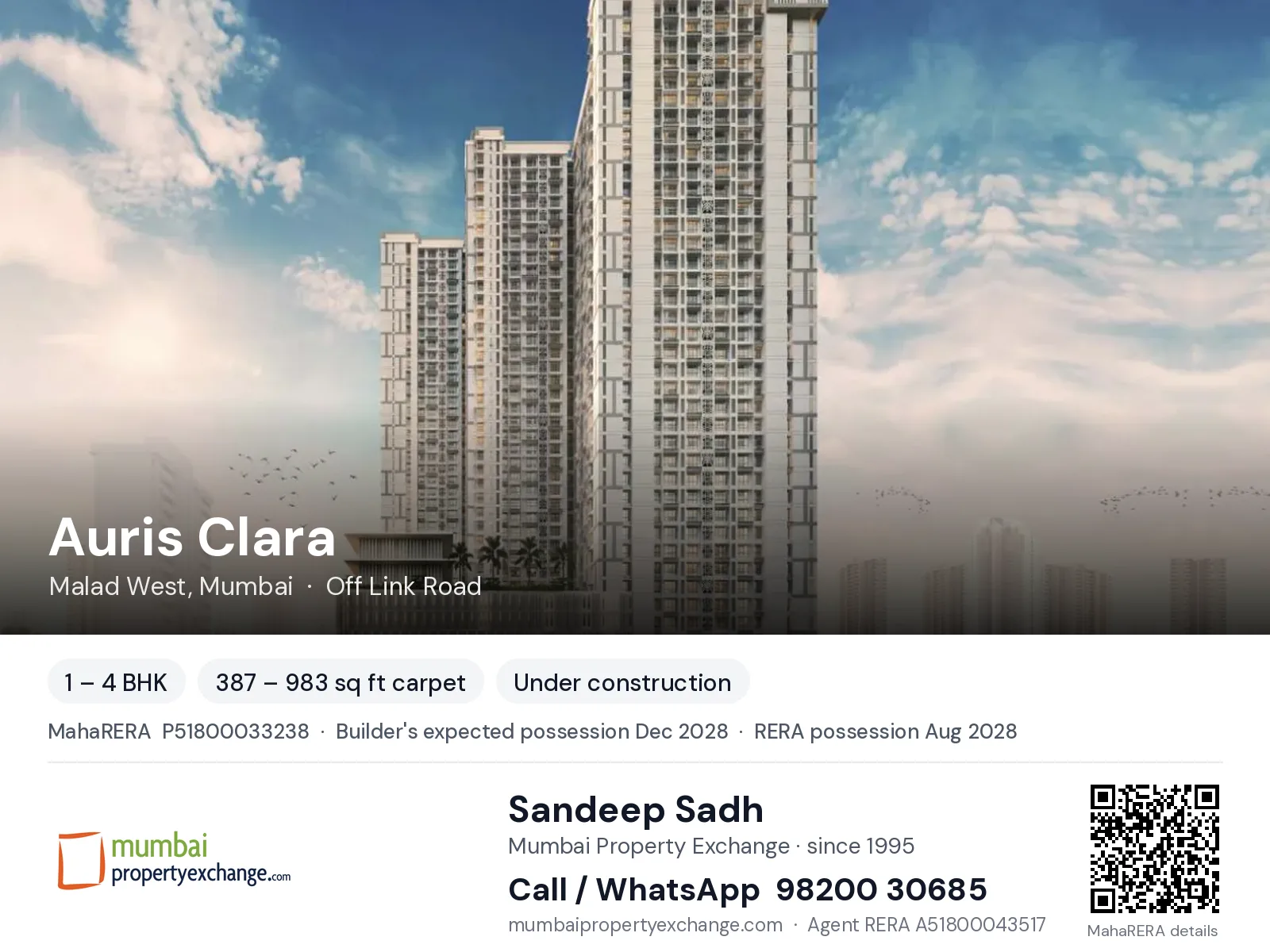 Auris Clara by Sheth Creators, Malad West, Mumbai — 1 – 4 BHK new project, builder's expected possession Dec 2028, RERA possession Aug 2028 | Mumbai Property Exchange, Sandeep Sadh 98200 30685