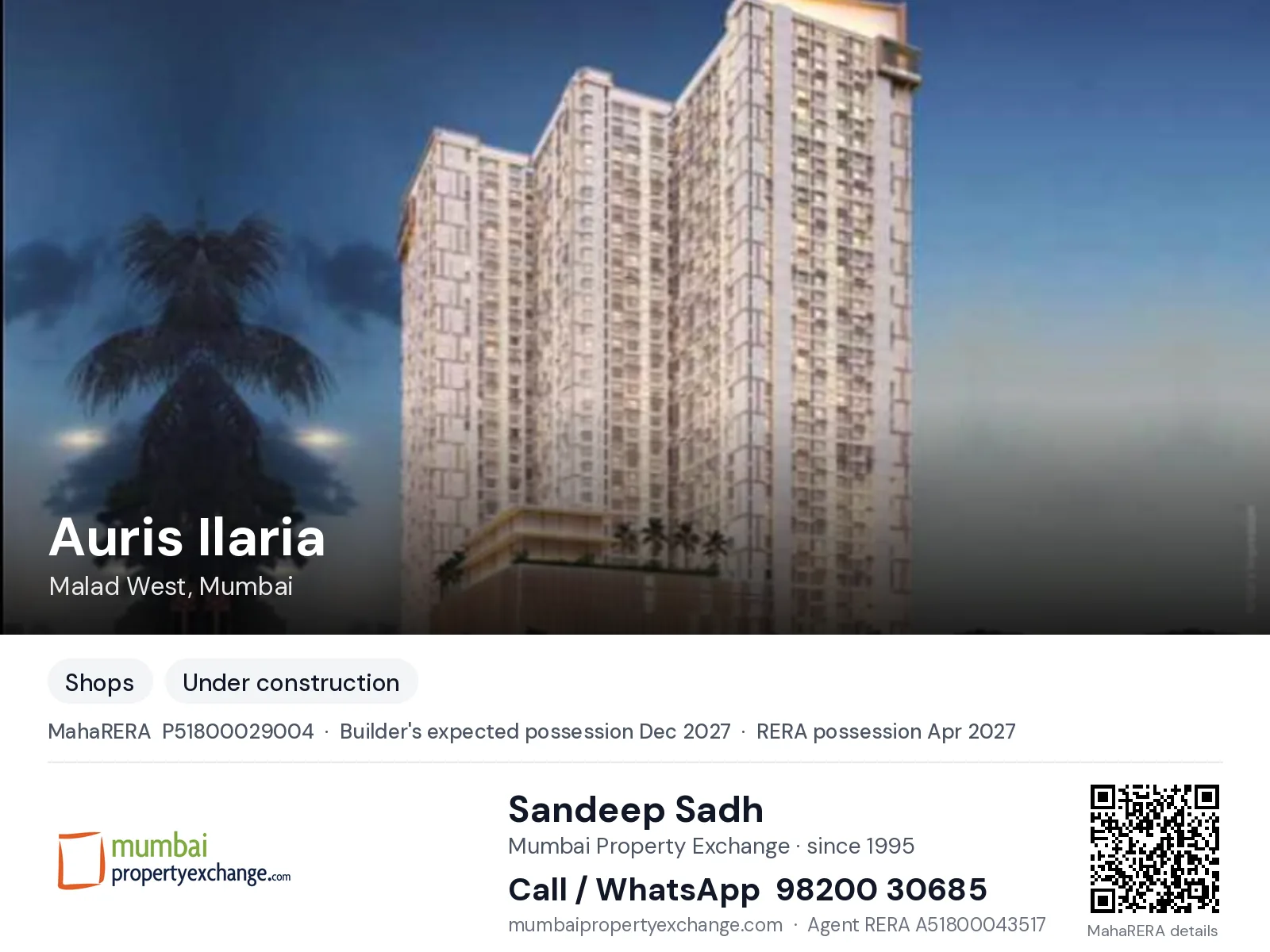 Auris Ilaria by Sheth Creators, Malad West, Mumbai — new project, builder's expected possession Dec 2027, RERA possession Apr 2027 | Mumbai Property Exchange, Sandeep Sadh 98200 30685