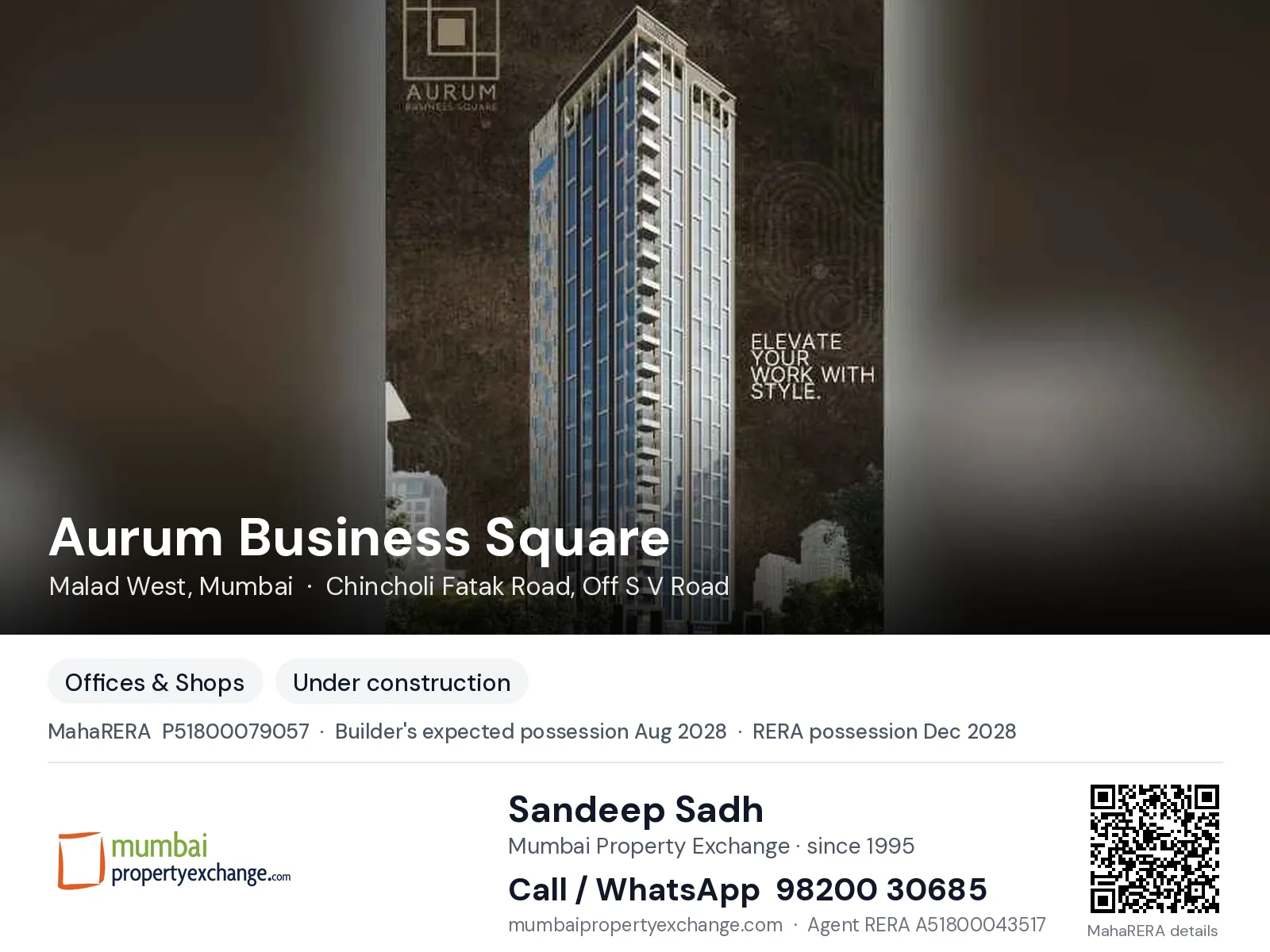Aurum Business Square by Laxmi, Malad West, Mumbai — new project, builder's expected possession Aug 2028, RERA possession Dec 2028 | Mumbai Property Exchange, Sandeep Sadh 98200 30685