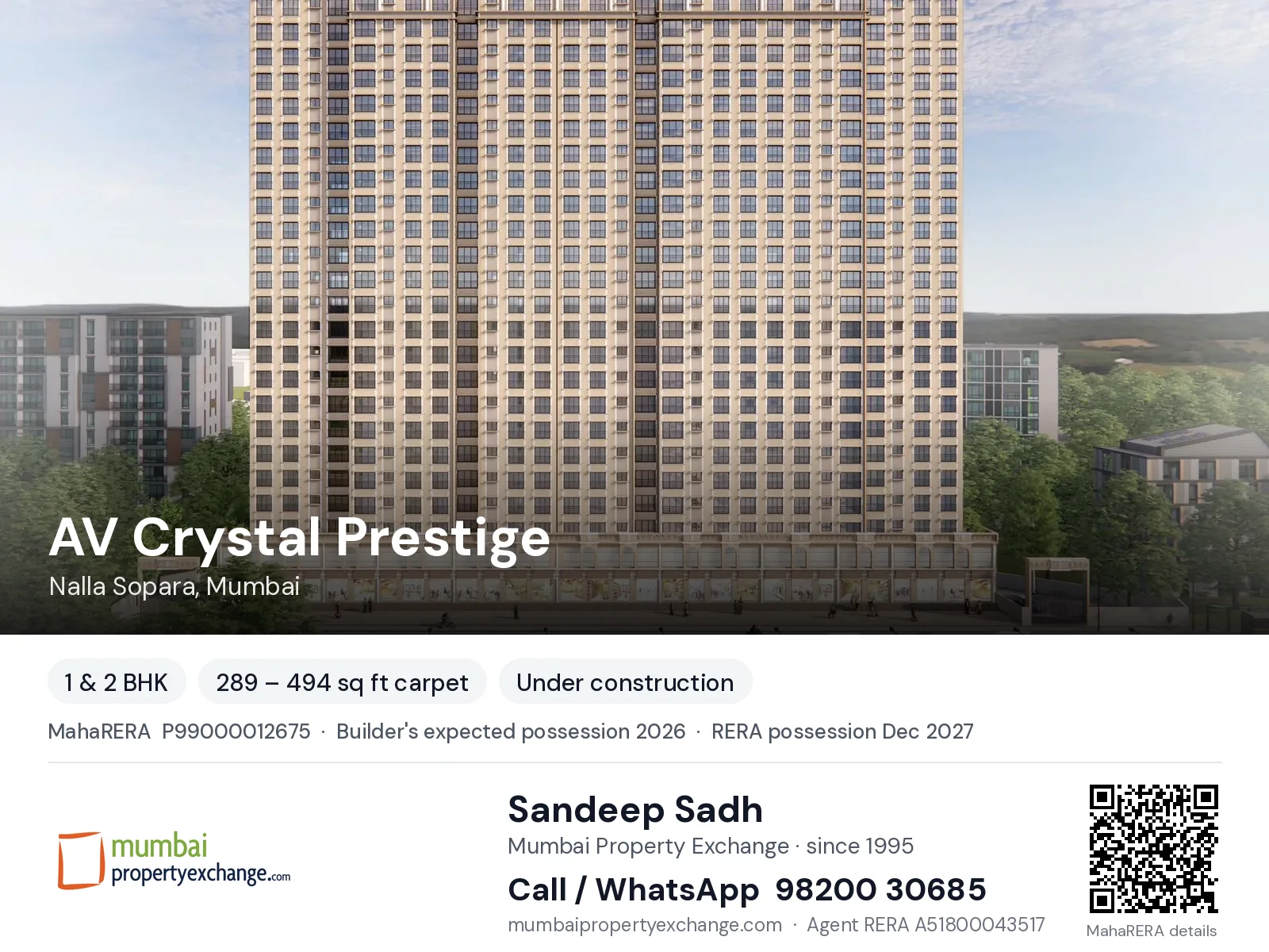 AV Crystal Prestige, Nalla Sopara, Mumbai — 1 & 2 BHK new project, builder's expected possession 2026, RERA possession Dec 2027 | Mumbai Property Exchange, Sandeep Sadh 98200 30685
