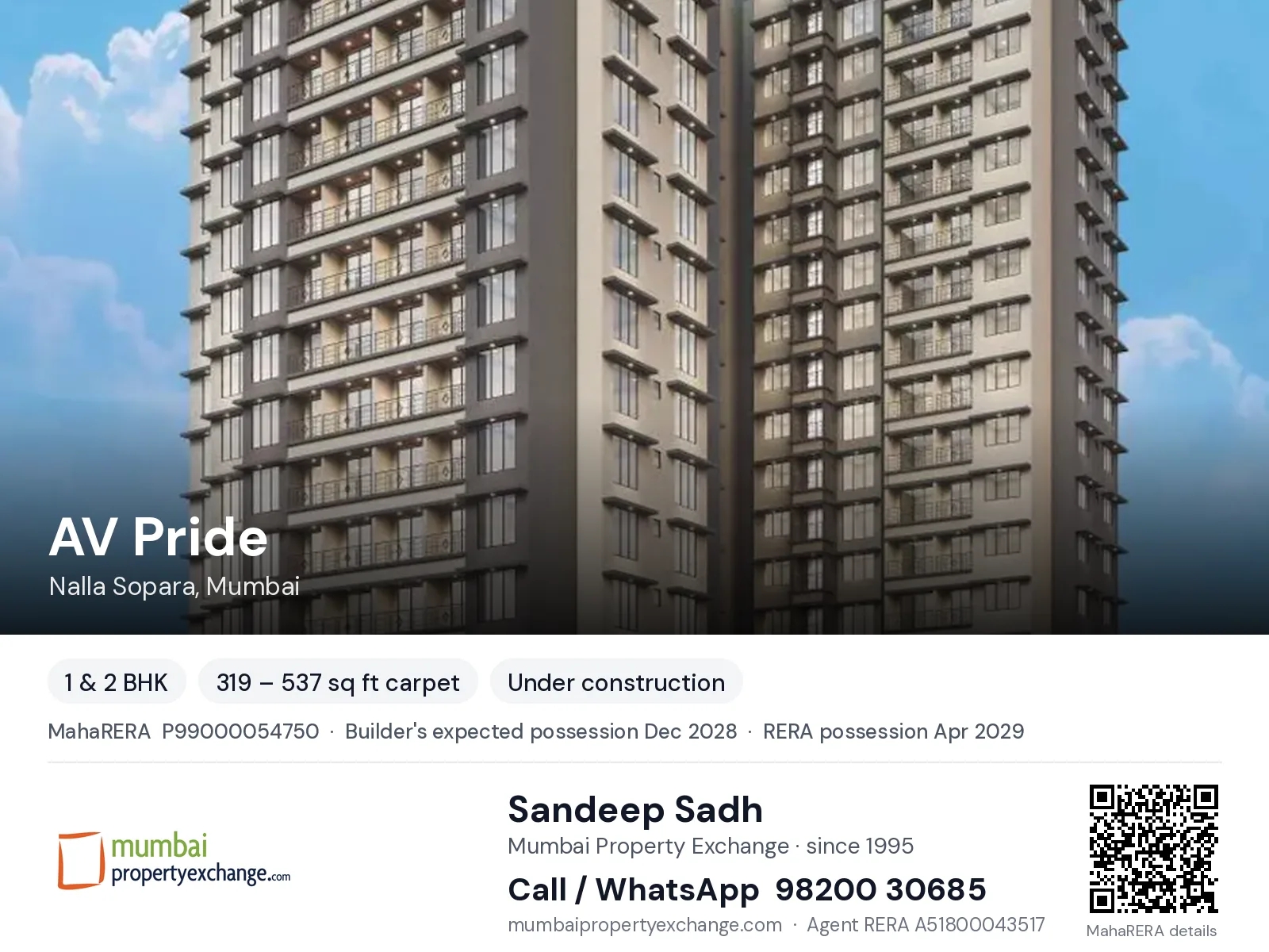 AV Pride by AV Crystal, Nalla Sopara, Mumbai — 1 & 2 BHK new project, builder's expected possession Dec 2028, RERA possession Apr 2029 | Mumbai Property Exchange, Sandeep Sadh 98200 30685