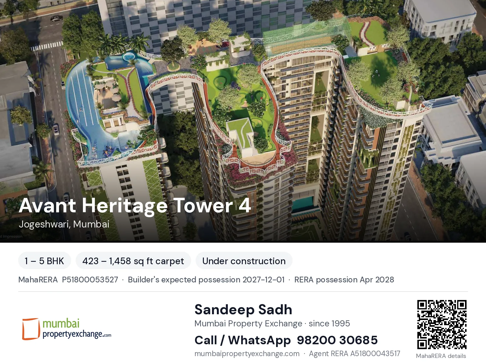 Avant Heritage Tower 4, Jogeshwari, Mumbai — 1 – 5 BHK new project, builder's expected possession 2027-12-01, RERA possession Apr 2028 | Mumbai Property Exchange, Sandeep Sadh 98200 30685