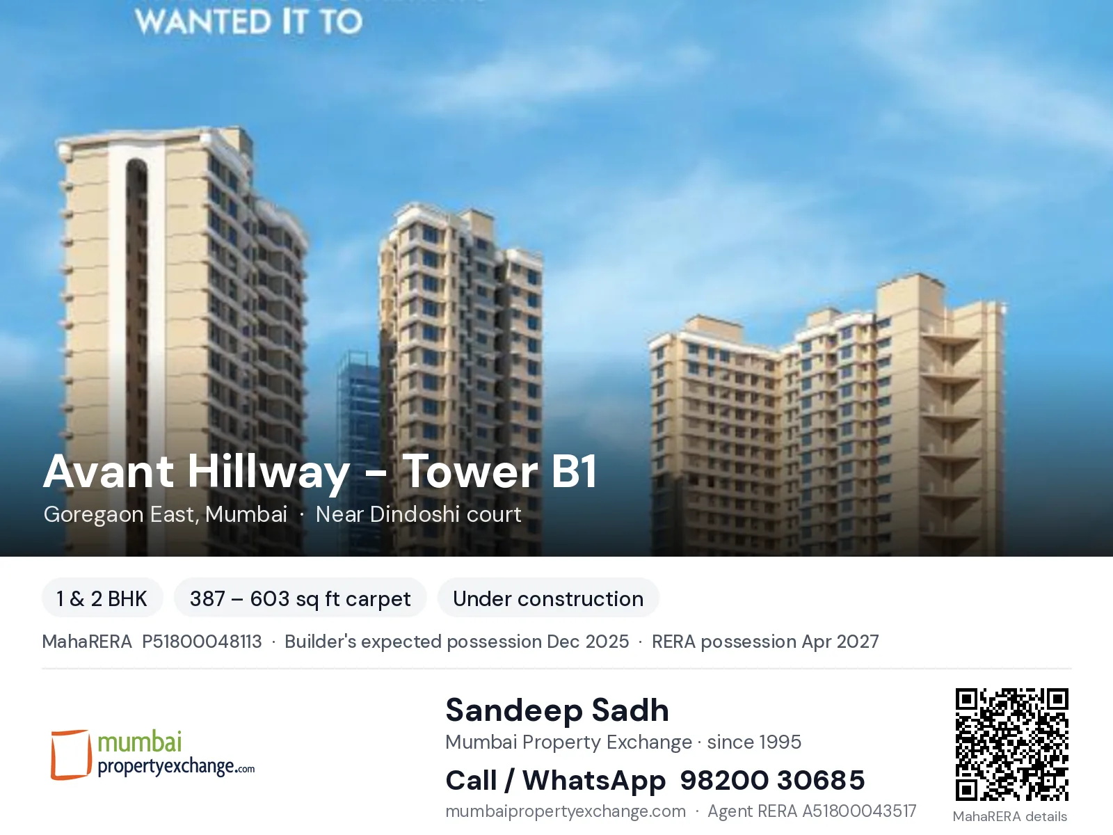 Avant Hillway - Tower B1, Goregaon East, Mumbai — 1 & 2 BHK new project, builder's expected possession Dec 2025, RERA possession Apr 2027 | Mumbai Property Exchange, Sandeep Sadh 98200 30685