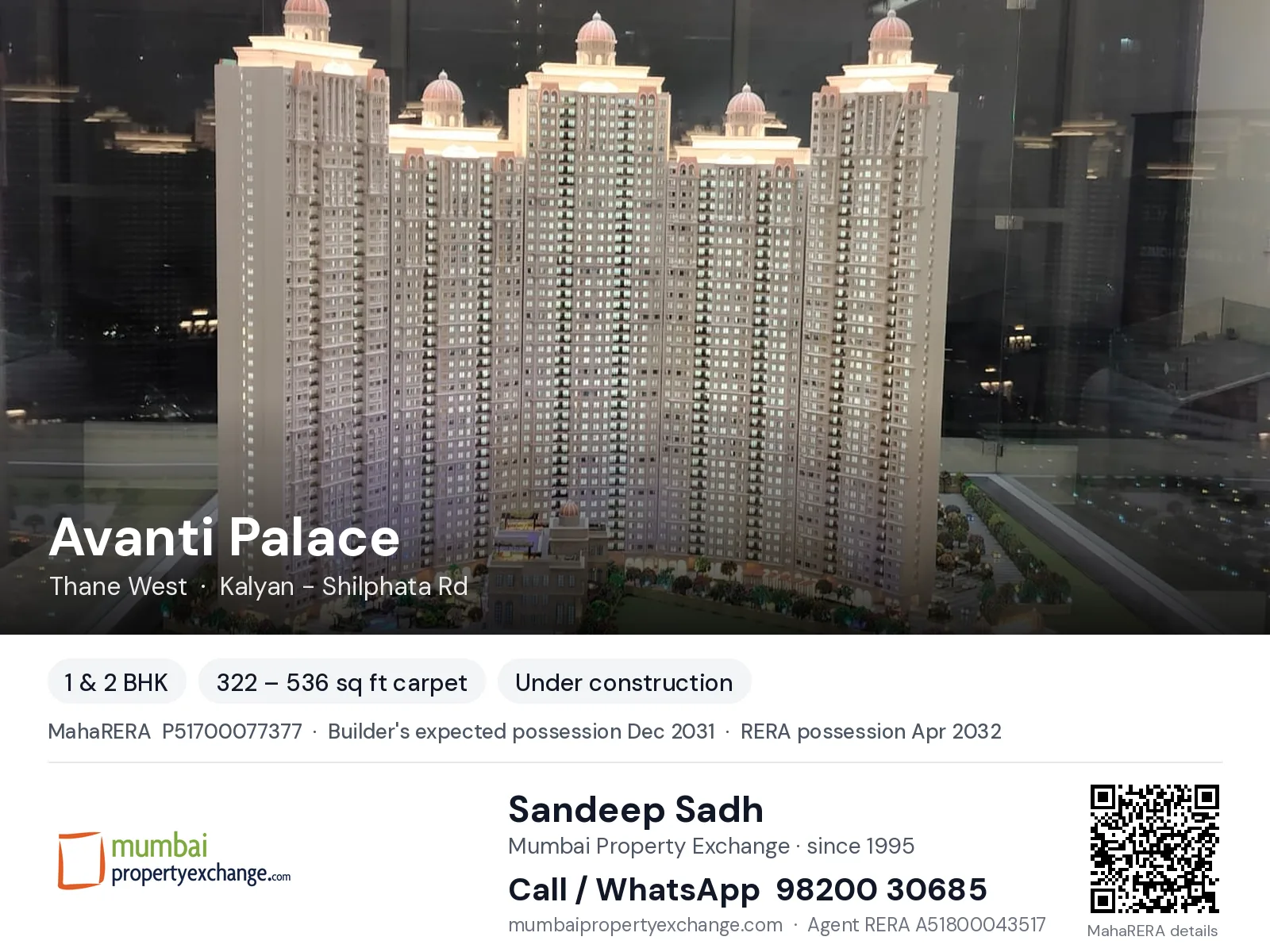 Avanti Palace by Arihant Superstructures, Thane West — 1 & 2 BHK new project, builder's expected possession Dec 2031, RERA possession Apr 2032 | Mumbai Property Exchange, Sandeep Sadh 98200 30685