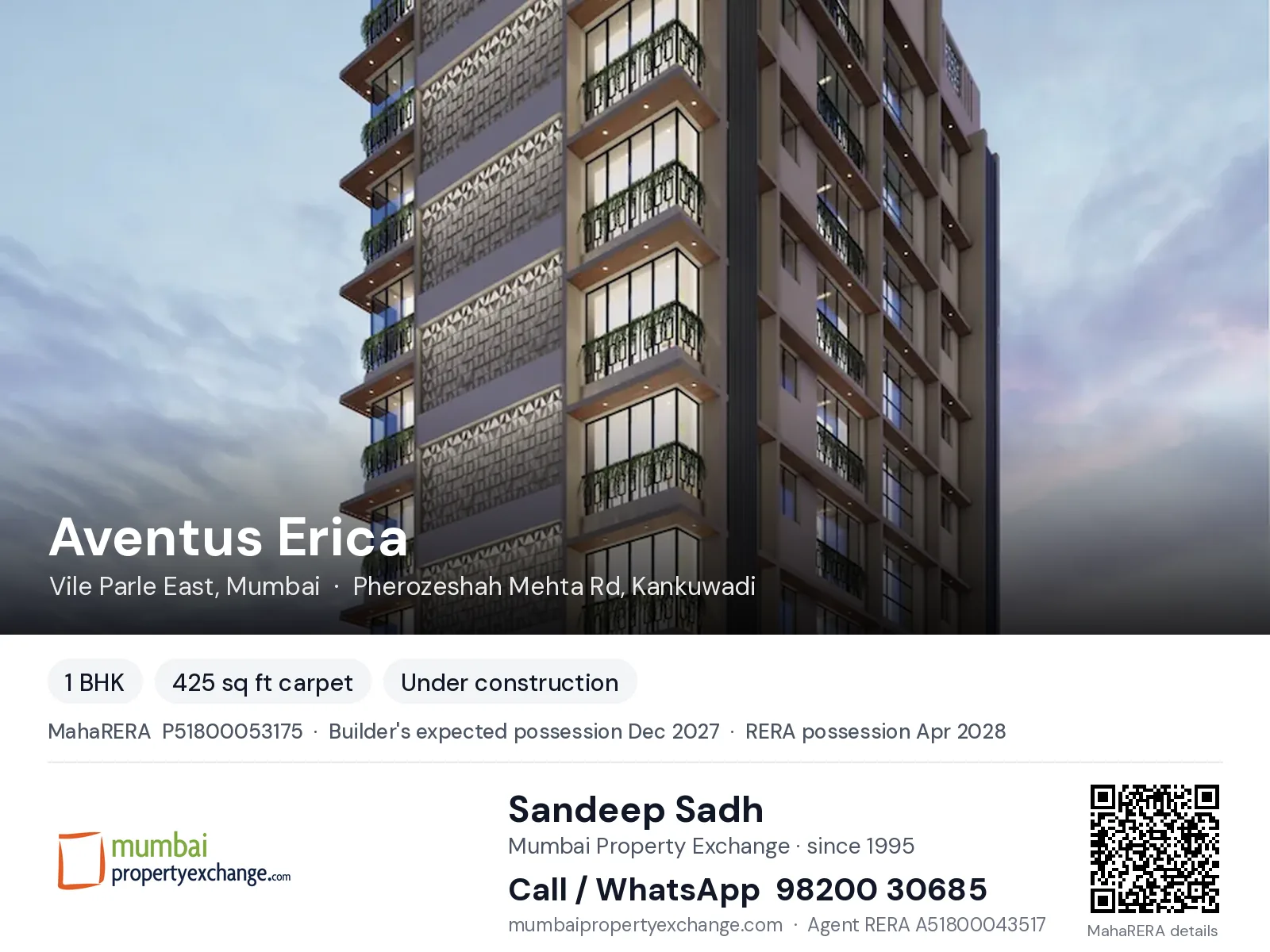 Aventus Erica, Vile Parle East, Mumbai — 1 BHK new project, builder's expected possession Dec 2027, RERA possession Apr 2028 | Mumbai Property Exchange, Sandeep Sadh 98200 30685