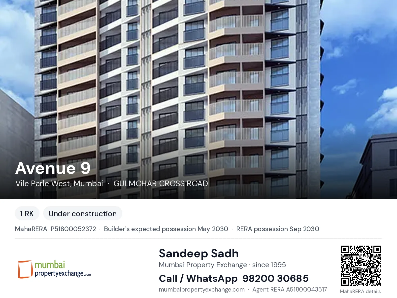 Avenue 9 by Shree Mahavir, Vile Parle West, Mumbai — new project, builder's expected possession May 2030, RERA possession Sep 2030 | Mumbai Property Exchange, Sandeep Sadh 98200 30685