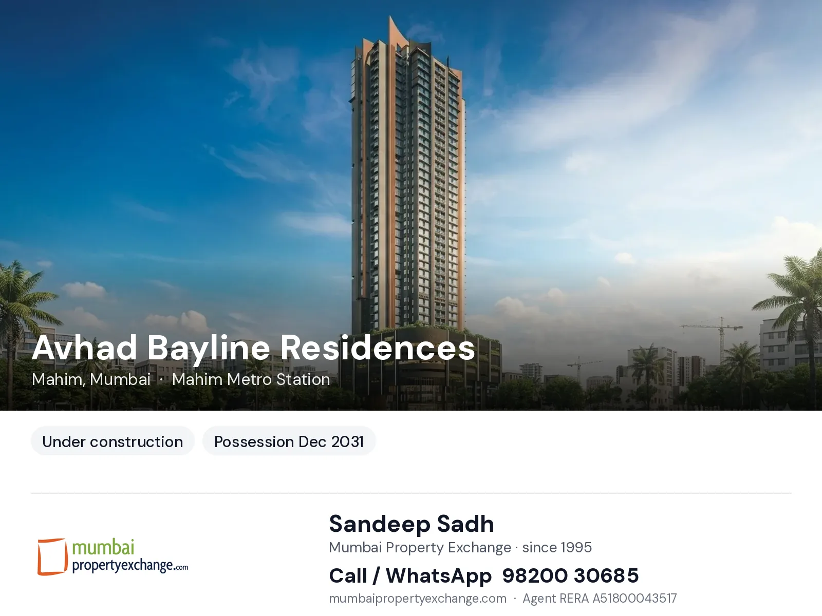 Avhad Bayline Residences, Mahim, Mumbai — new project, possession Dec 2031 | Mumbai Property Exchange, Sandeep Sadh 98200 30685