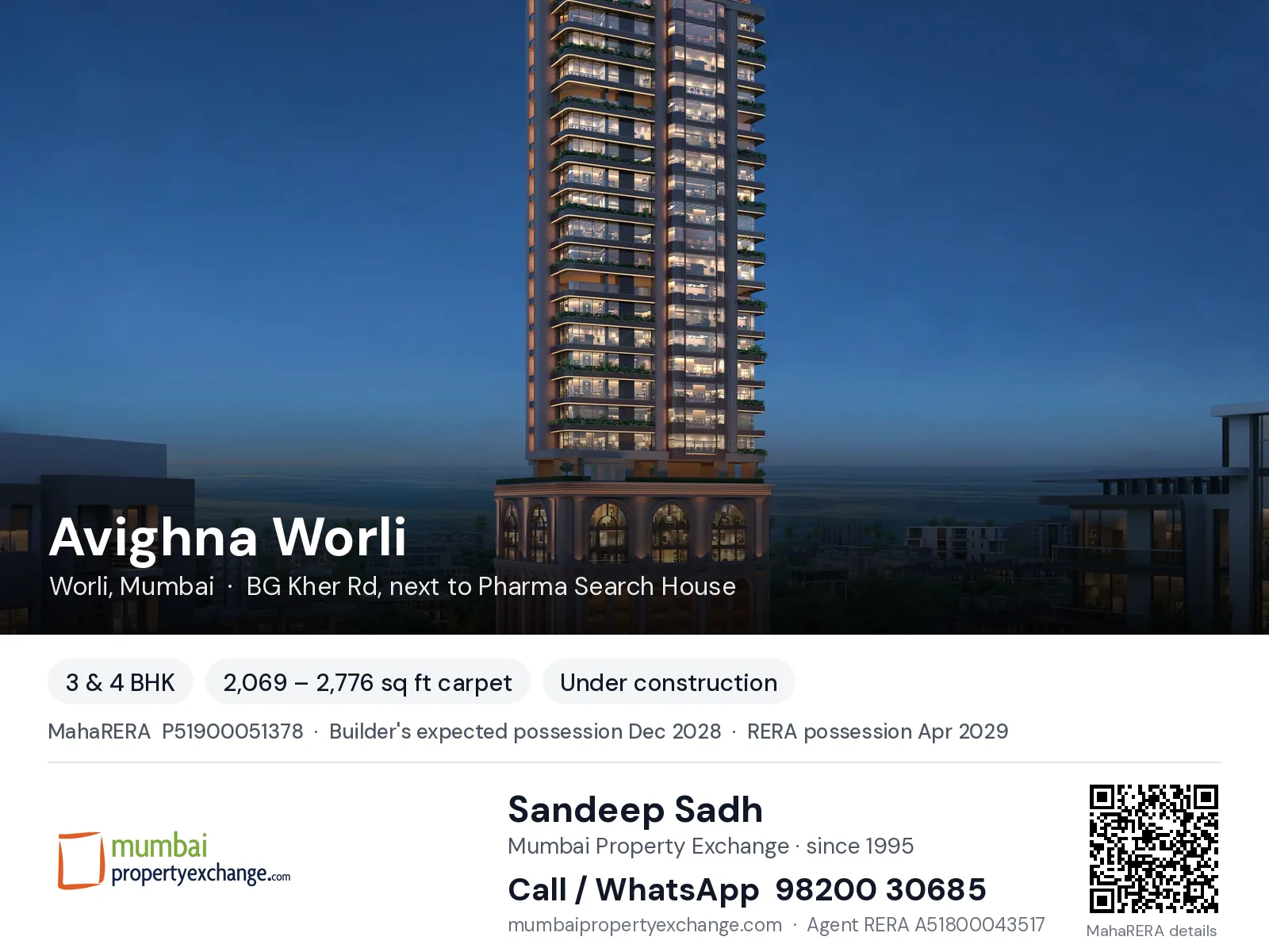 Avighna Worli, Worli, Mumbai — 3 & 4 BHK new project, builder's expected possession Dec 2028, RERA possession Apr 2029 | Mumbai Property Exchange, Sandeep Sadh 98200 30685