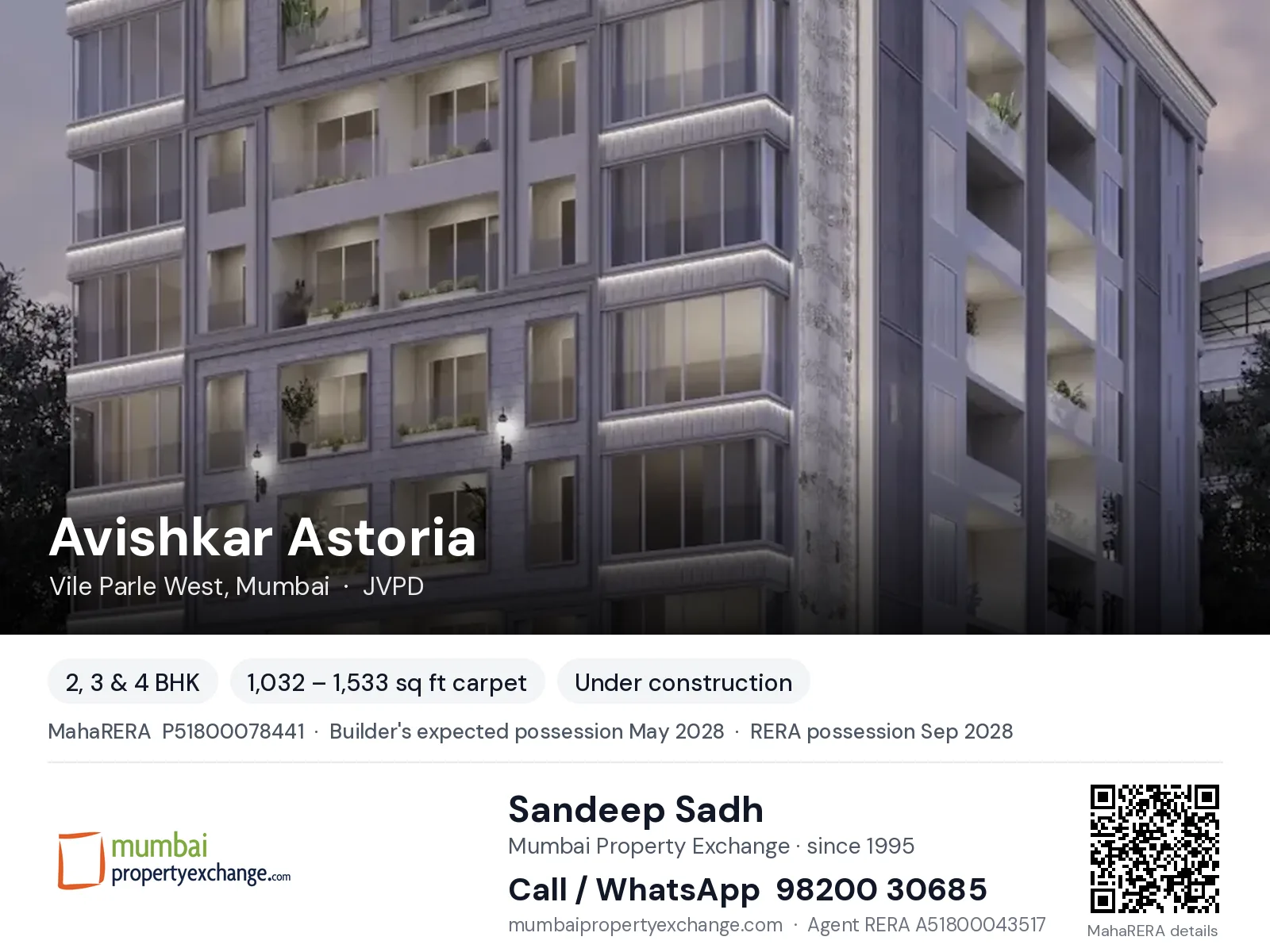 Avishkar Astoria, Vile Parle West, Mumbai — 2, 3 & 4 BHK new project, builder's expected possession May 2028, RERA possession Sep 2028 | Mumbai Property Exchange, Sandeep Sadh 98200 30685
