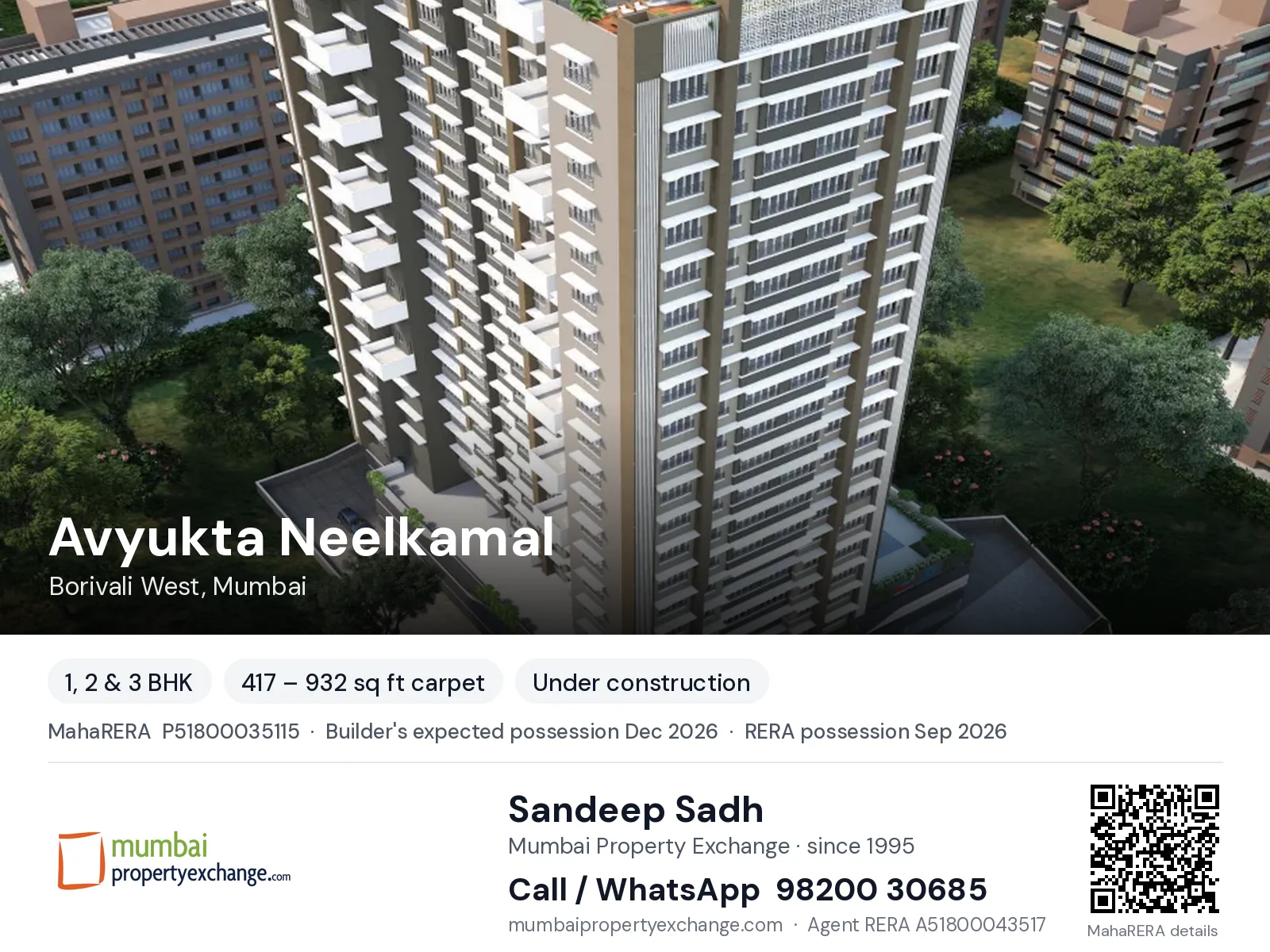 Avyukta Neelkamal by Shivoham, Borivali West, Mumbai — 1, 2 & 3 BHK new project, builder's expected possession Dec 2026, RERA possession Sep 2026 | Mumbai Property Exchange, Sandeep Sadh 98200 30685