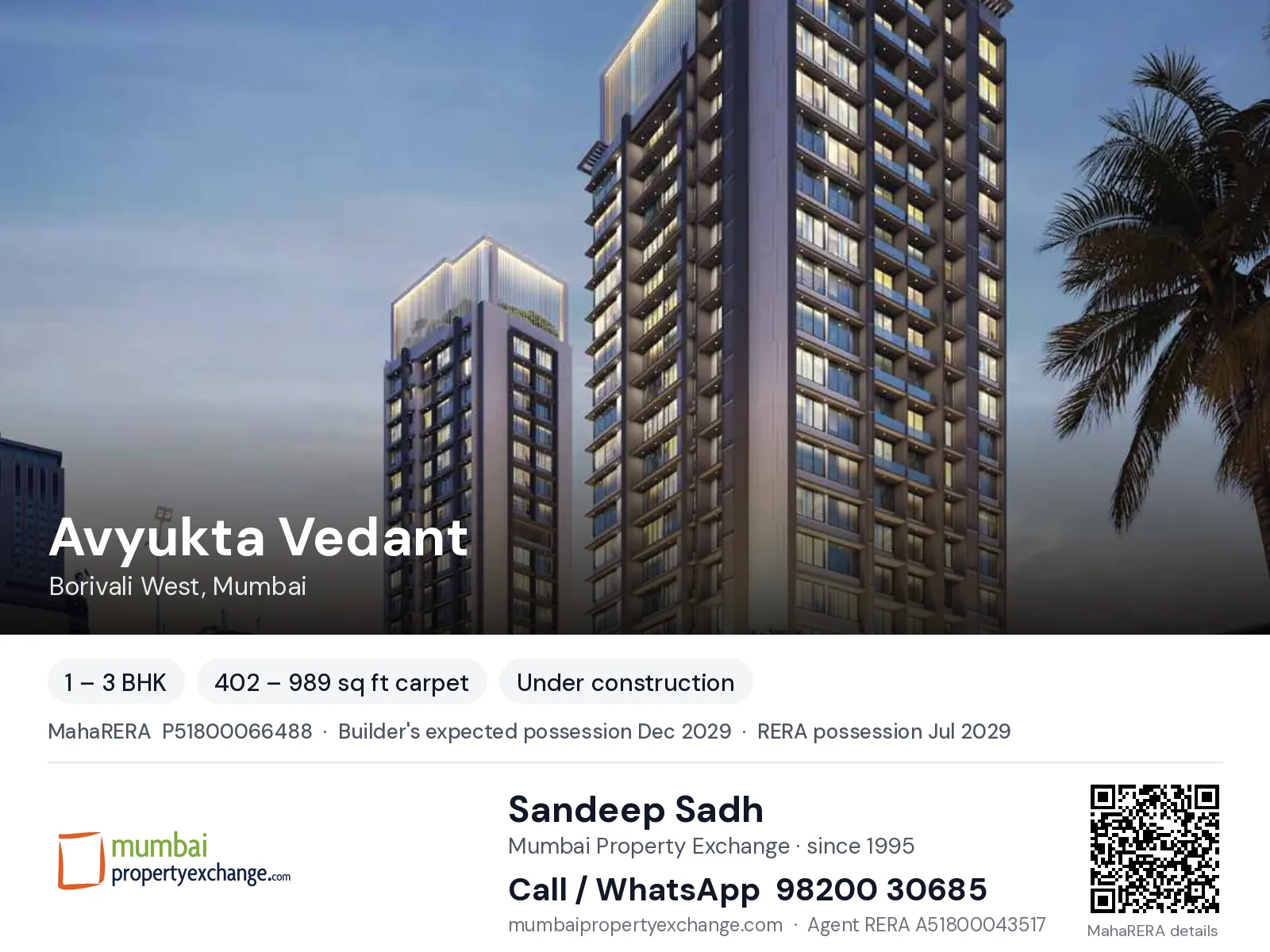 Avyukta Vedant, Borivali West, Mumbai — 1 – 3 BHK new project, builder's expected possession Dec 2029, RERA possession Jul 2029 | Mumbai Property Exchange, Sandeep Sadh 98200 30685