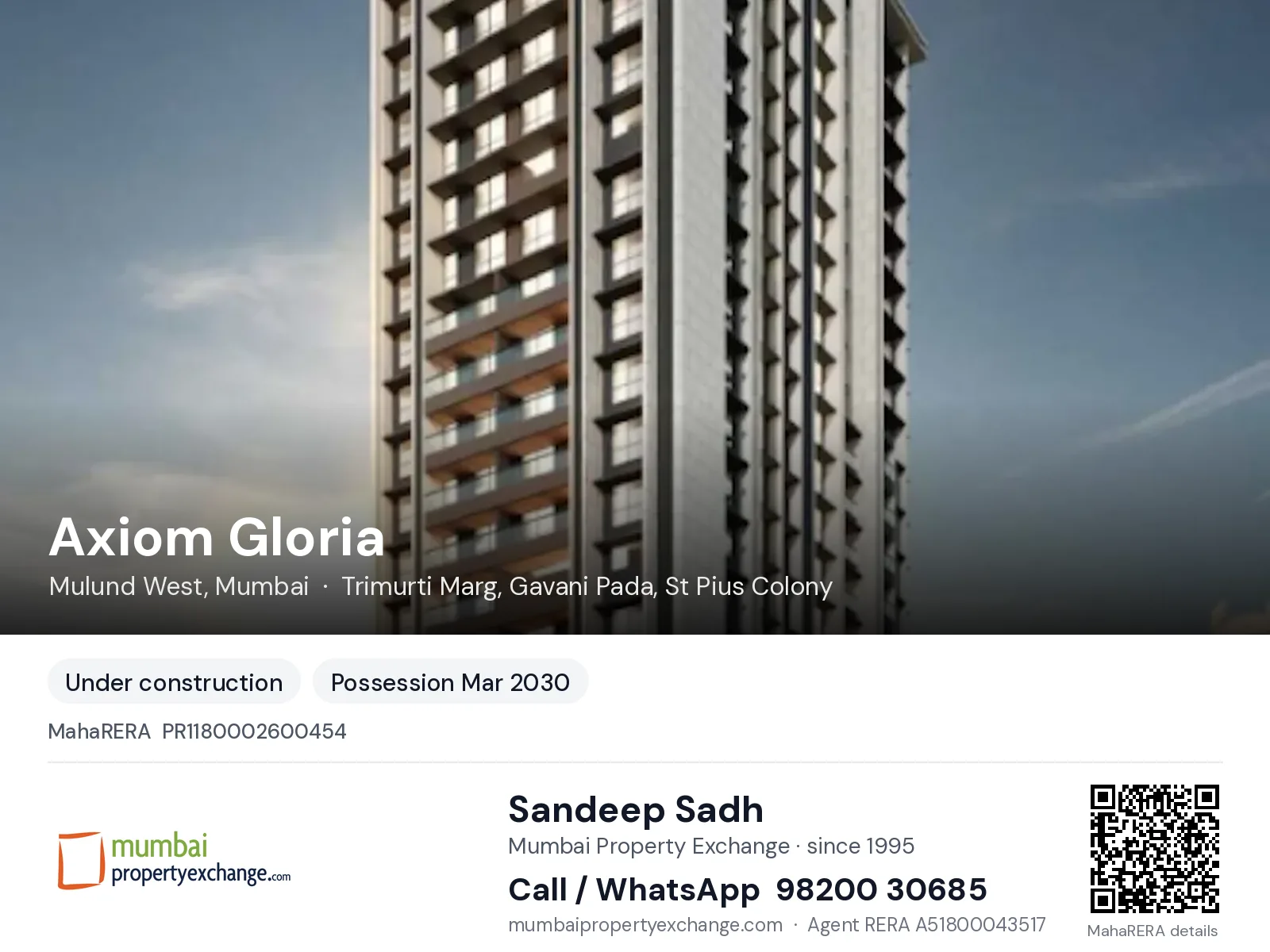 Axiom Gloria, Mulund West, Mumbai — new project, possession Mar 2030 | Mumbai Property Exchange, Sandeep Sadh 98200 30685