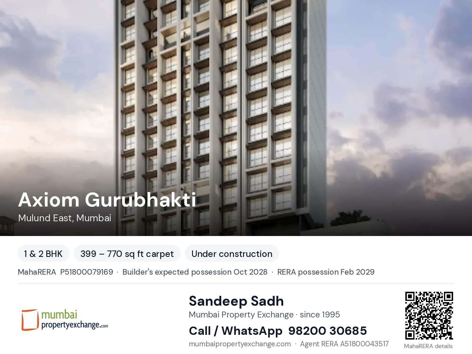 Axiom Gurubhakti, Mulund East, Mumbai — 1 & 2 BHK new project, builder's expected possession Oct 2028, RERA possession Feb 2029 | Mumbai Property Exchange, Sandeep Sadh 98200 30685