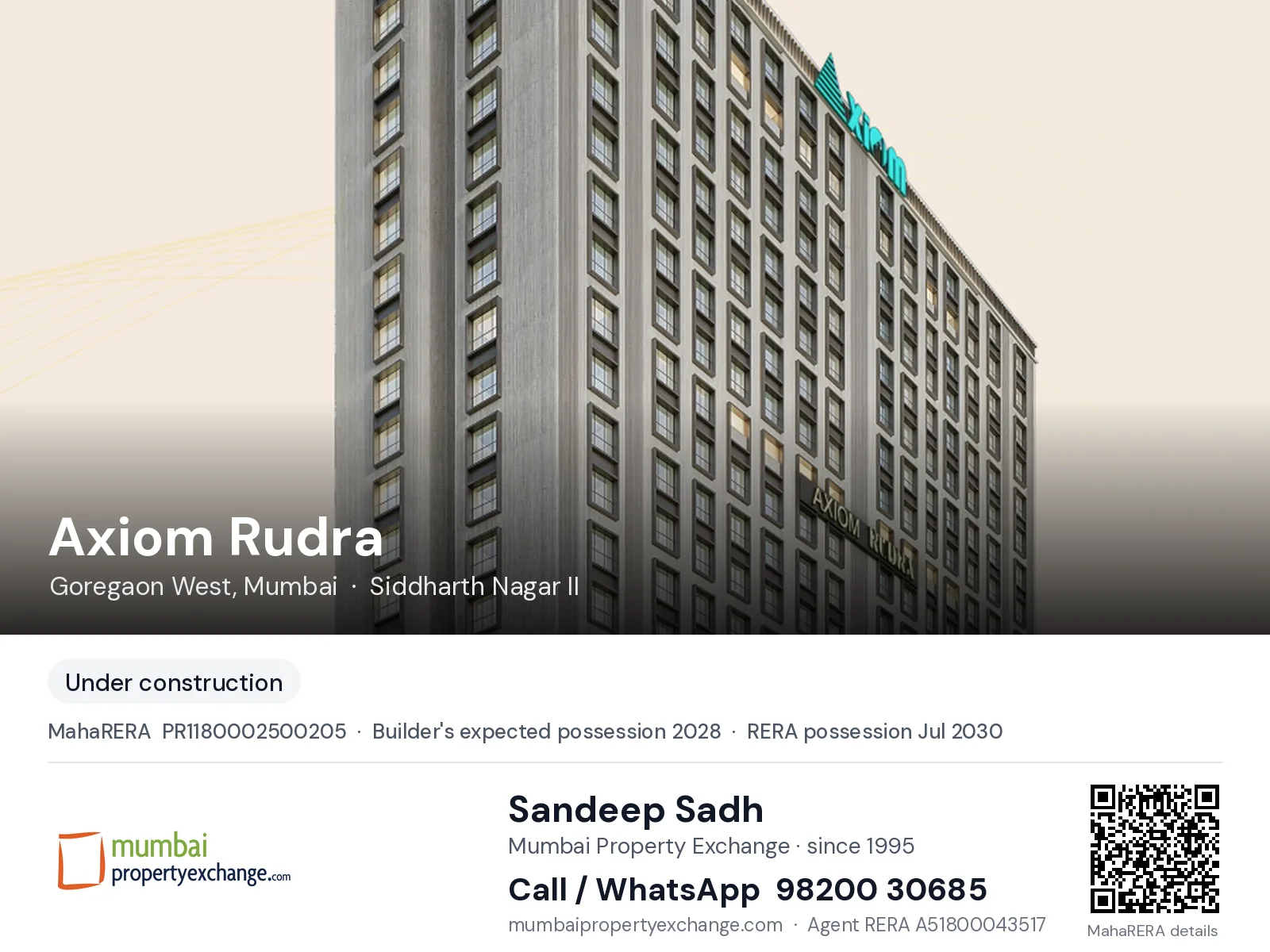 Axiom Rudra, Goregaon West, Mumbai — new project, builder's expected possession 2028, RERA possession Jul 2030 | Mumbai Property Exchange, Sandeep Sadh 98200 30685