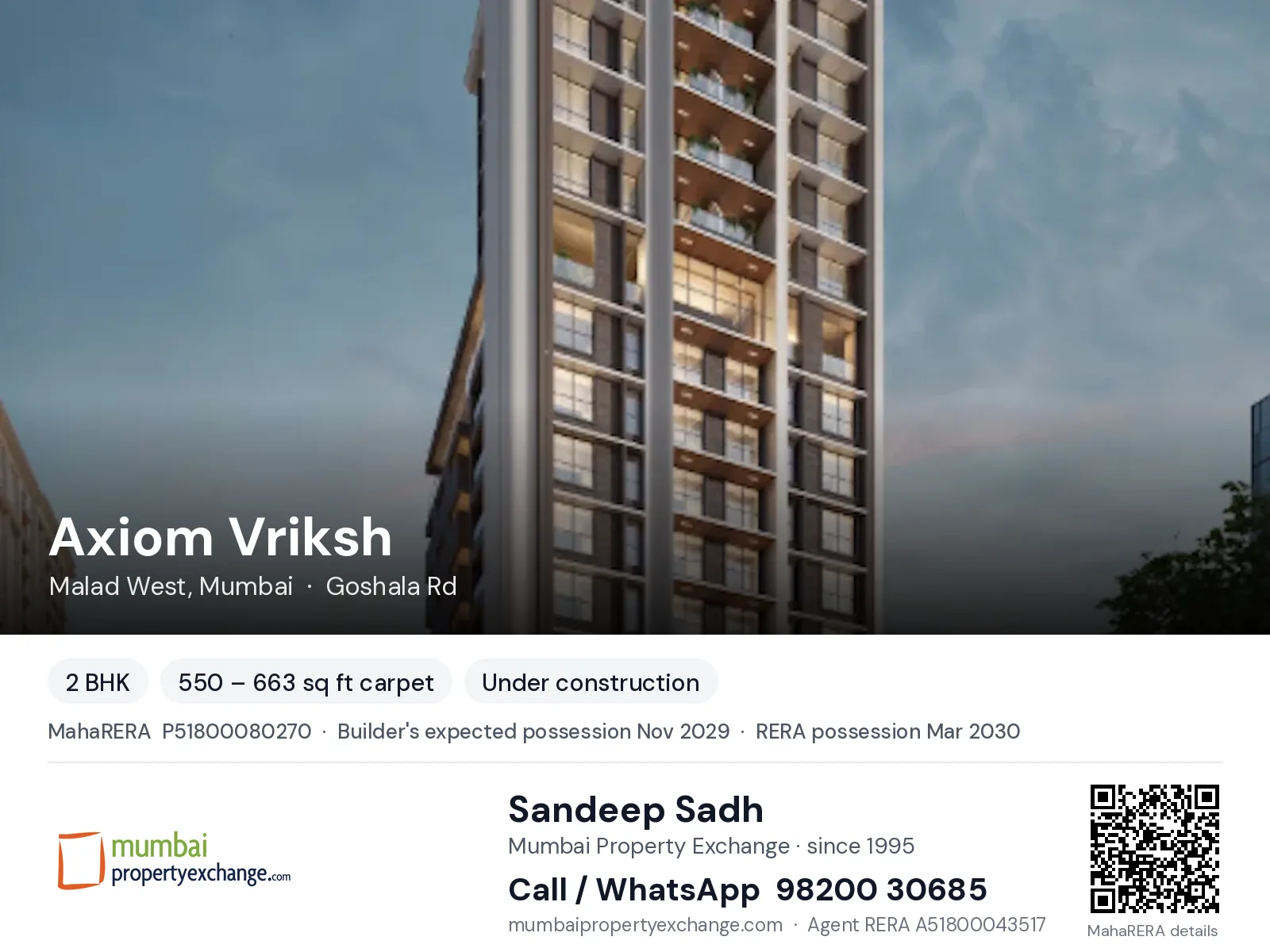 Axiom Vriksh, Malad West, Mumbai — 2 BHK new project, builder's expected possession Nov 2029, RERA possession Mar 2030 | Mumbai Property Exchange, Sandeep Sadh 98200 30685