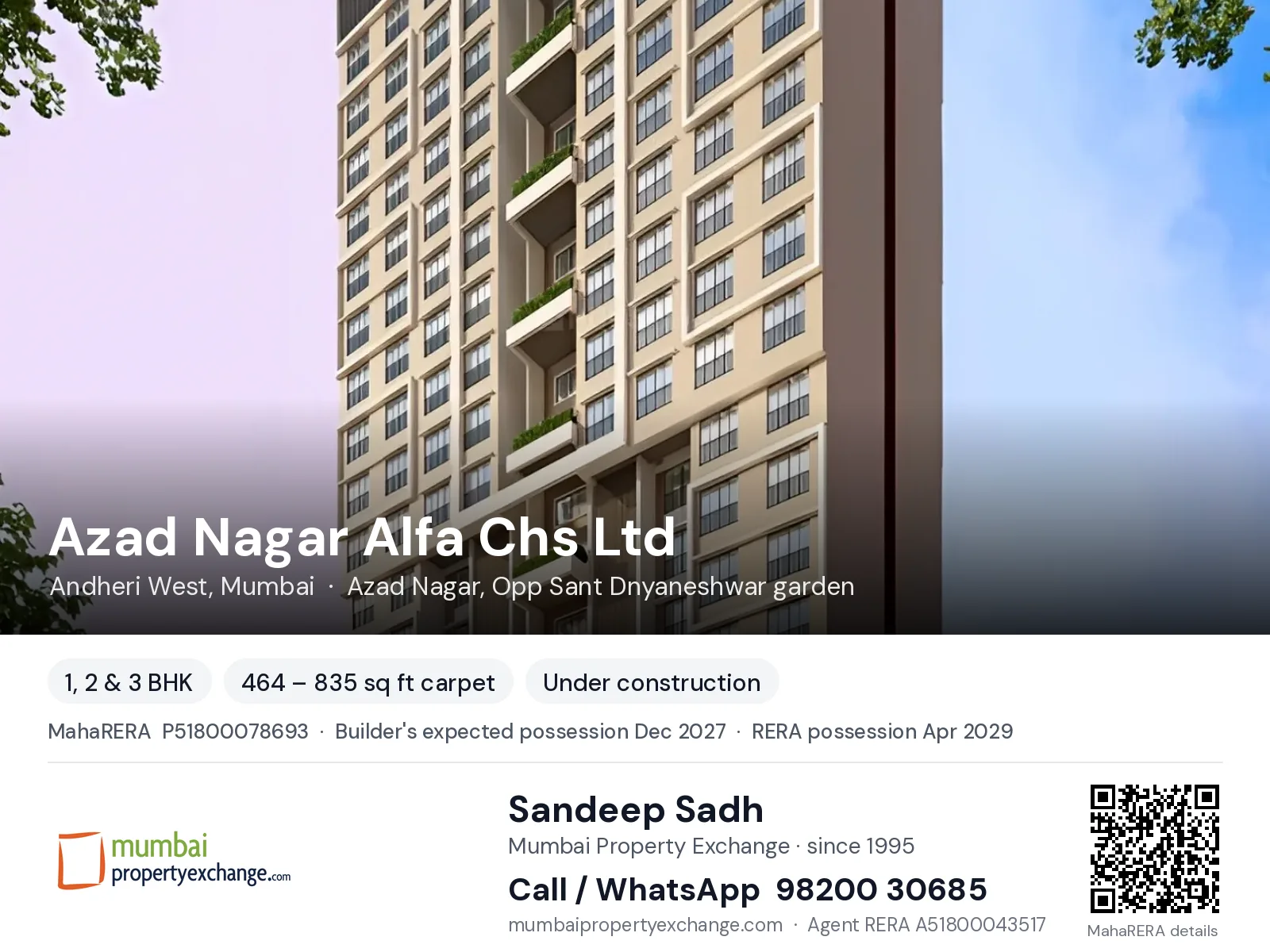 Azad Nagar Alfa Chs Ltd by Prathamesh Krupa Buildcon, Andheri West, Mumbai — 1, 2 & 3 BHK new project, builder's expected possession Dec 2027, RERA possession Apr 2029 | Mumbai Property Exchange, Sandeep Sadh 98200 30685