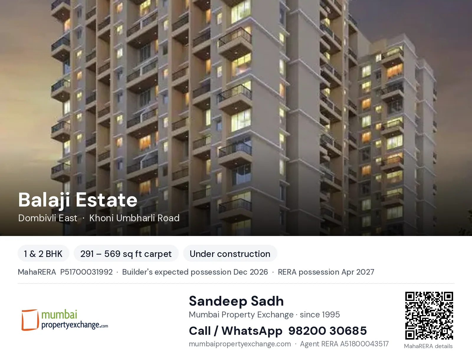Balaji Estate by Asha Buildcon, Dombivli East — 1 & 2 BHK new project, builder's expected possession Dec 2026, RERA possession Apr 2027 | Mumbai Property Exchange, Sandeep Sadh 98200 30685