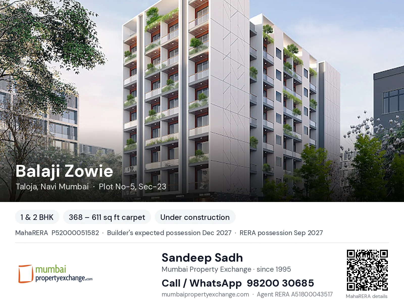 Balaji Zowie by Reliable, Taloja, Navi Mumbai — 1 & 2 BHK new project, builder's expected possession Dec 2027, RERA possession Sep 2027 | Mumbai Property Exchange, Sandeep Sadh 98200 30685