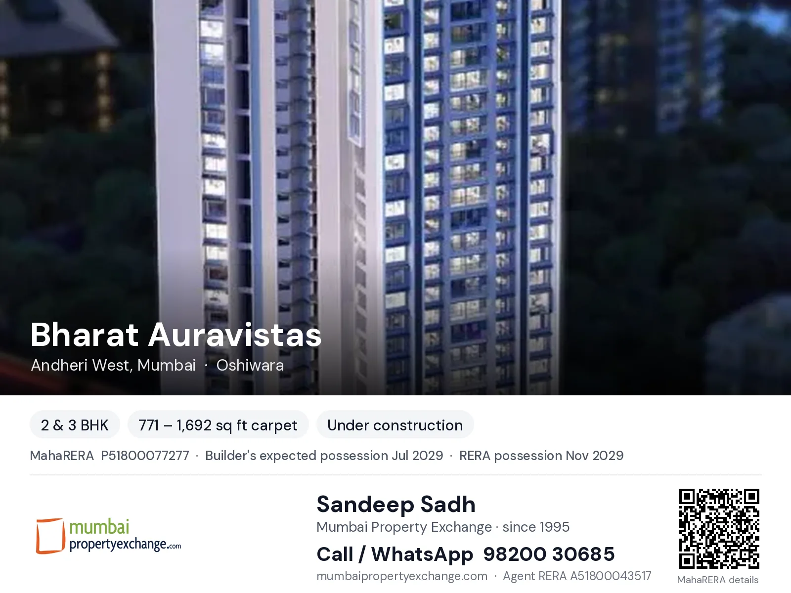 Bharat Auravistas, Andheri West, Mumbai — 2 & 3 BHK new project, builder's expected possession Jul 2029, RERA possession Nov 2029 | Mumbai Property Exchange, Sandeep Sadh 98200 30685