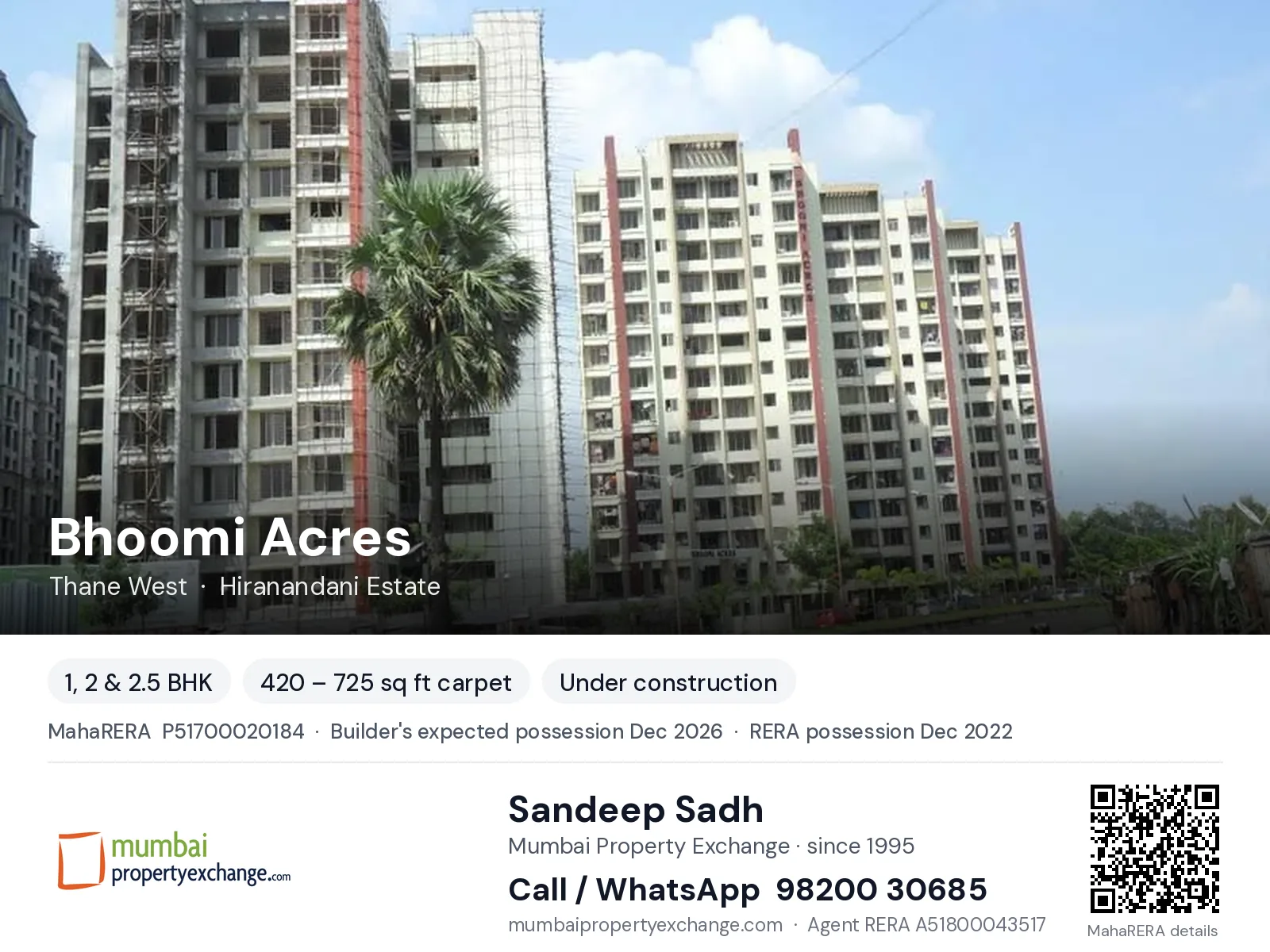 Bhoomi Acres, Thane West — 1, 2 & 2.5 BHK new project, builder's expected possession Dec 2026, RERA possession Dec 2022 | Mumbai Property Exchange, Sandeep Sadh 98200 30685
