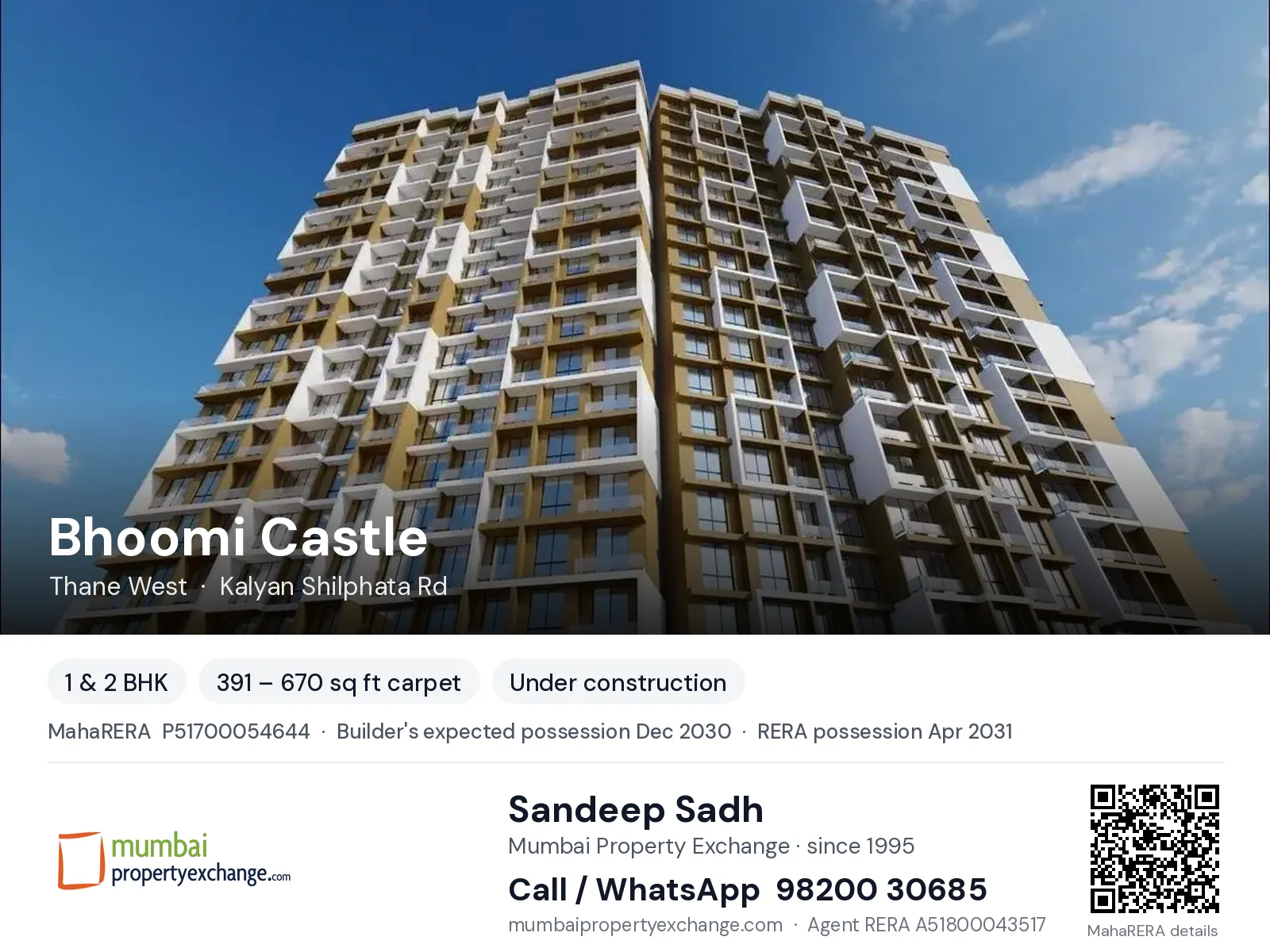 Bhoomi Castle by Gajra Home Makers, Thane West — 1 & 2 BHK new project, builder's expected possession Dec 2030, RERA possession Apr 2031 | Mumbai Property Exchange, Sandeep Sadh 98200 30685