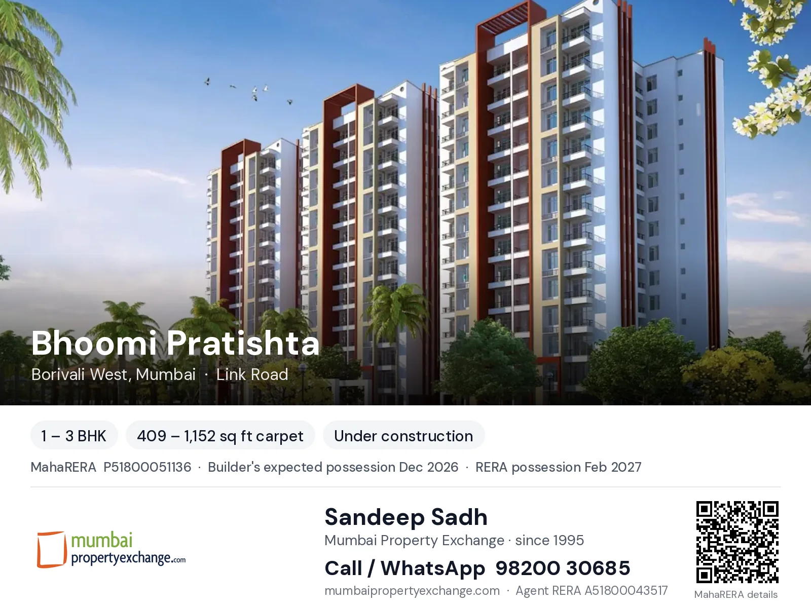 Bhoomi Pratishta, Borivali West, Mumbai — 1 – 3 BHK new project, builder's expected possession Dec 2026, RERA possession Feb 2027 | Mumbai Property Exchange, Sandeep Sadh 98200 30685