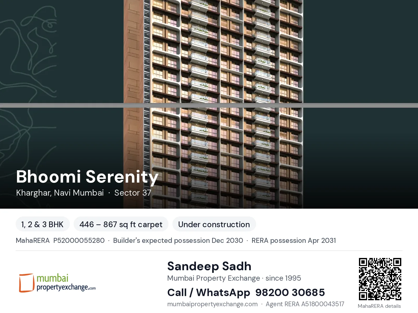 Bhoomi Serenity by Gajra Home Makers, Kharghar, Navi Mumbai — 1, 2 & 3 BHK new project, builder's expected possession Dec 2030, RERA possession Apr 2031 | Mumbai Property Exchange, Sandeep Sadh 98200 30685