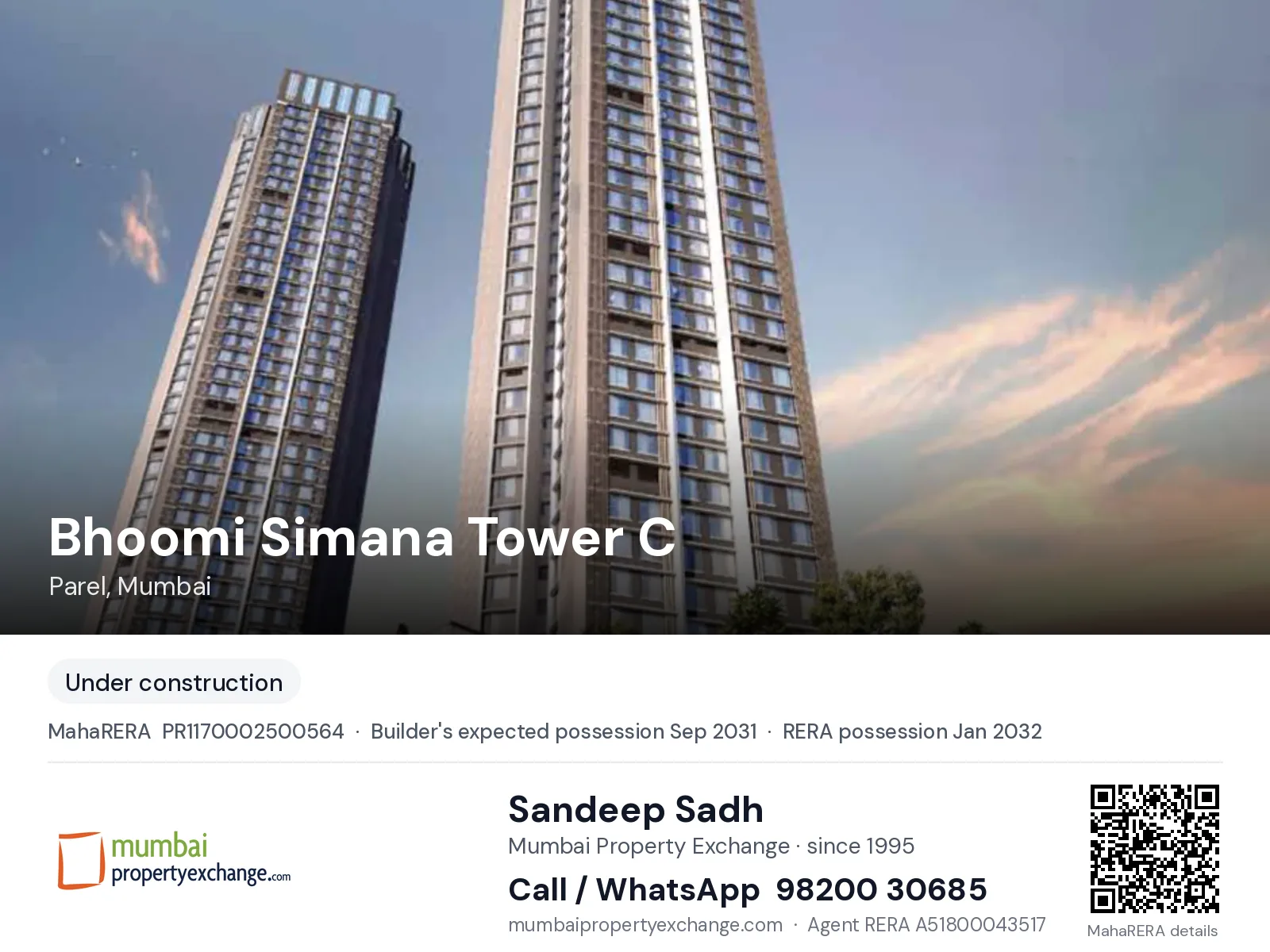 Bhoomi Simana Tower C, Parel, Mumbai — new project, builder's expected possession Sep 2031, RERA possession Jan 2032 | Mumbai Property Exchange, Sandeep Sadh 98200 30685