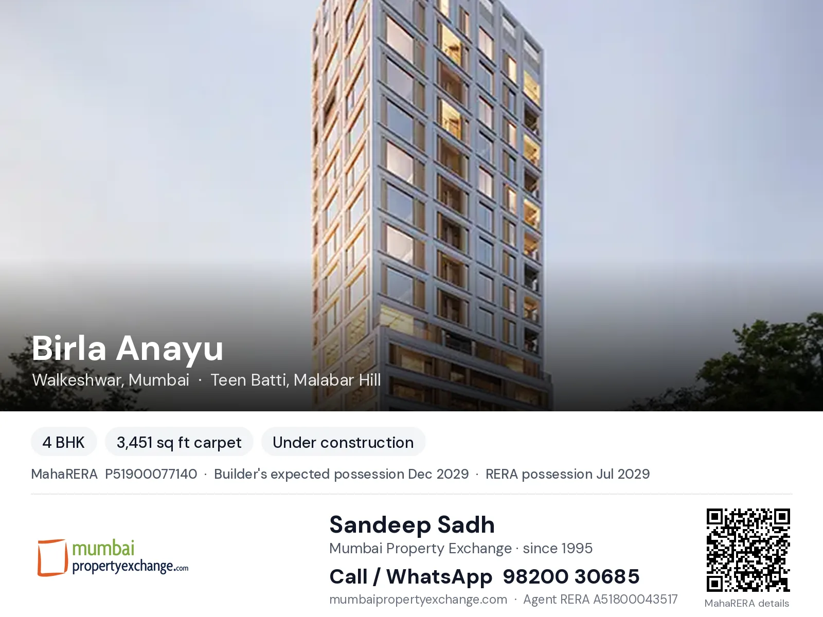 Birla Anayu, Walkeshwar, Mumbai — 4 BHK new project, builder's expected possession Dec 2029, RERA possession Jul 2029 | Mumbai Property Exchange, Sandeep Sadh 98200 30685