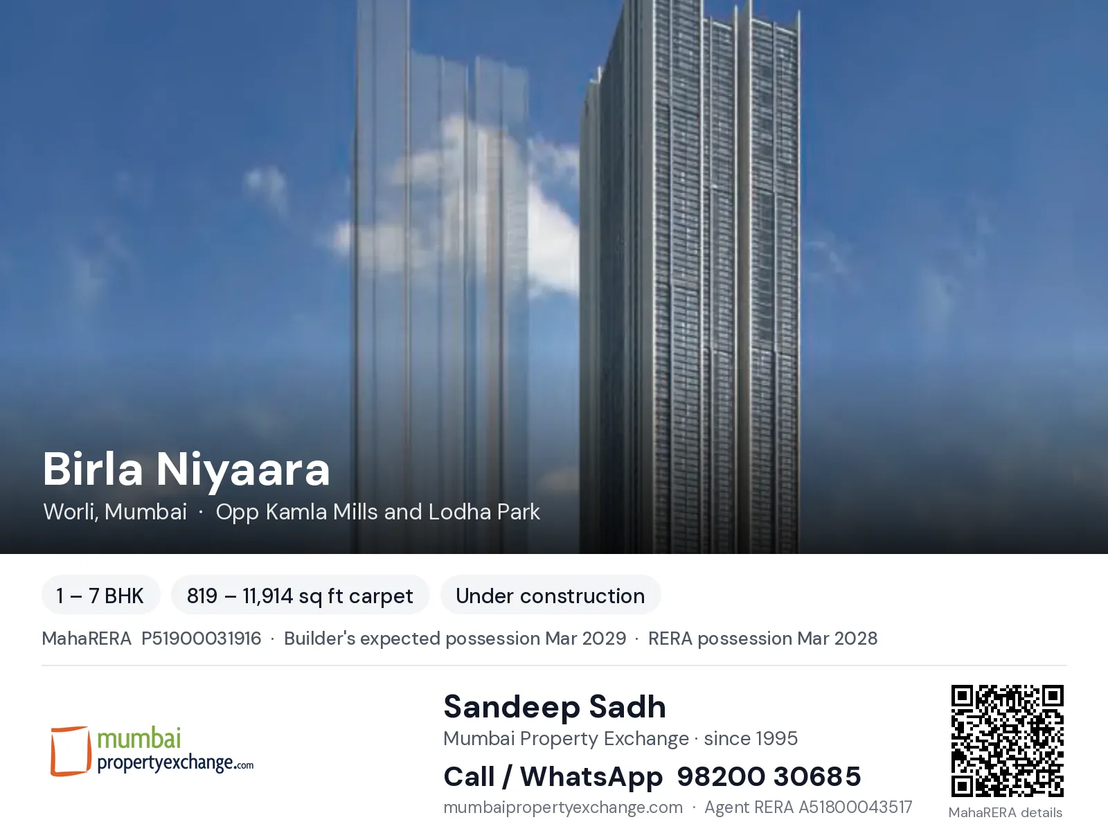 Birla Niyaara, Worli, Mumbai — 1 – 7 BHK new project, builder's expected possession Mar 2029, RERA possession Mar 2028 | Mumbai Property Exchange, Sandeep Sadh 98200 30685